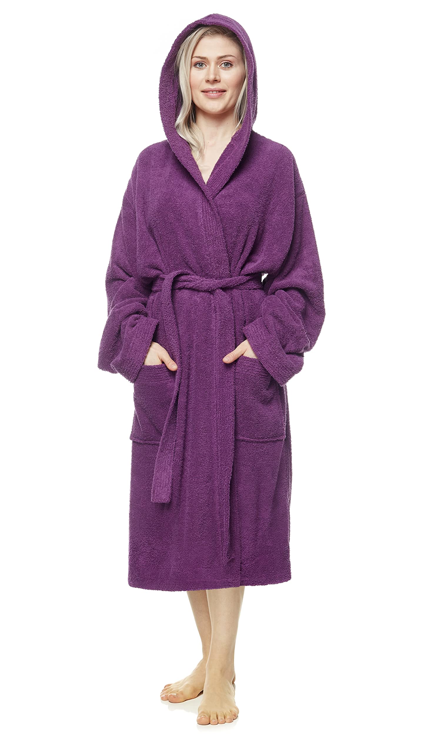 Arus Women's Plum Bathrobe With Hood, Calf-Length, 100% Cotton Terry, Xl-Xxl