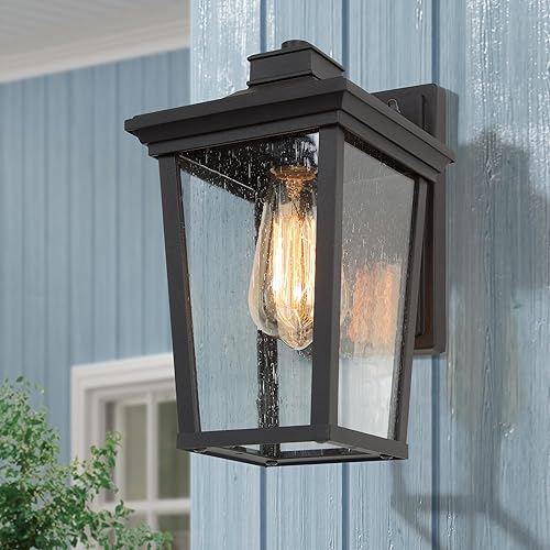 Luces de pared negras para exteriores, apliques de pared exterior de granja con vidrio estampado de lluvia, linternas modernas impermeables para