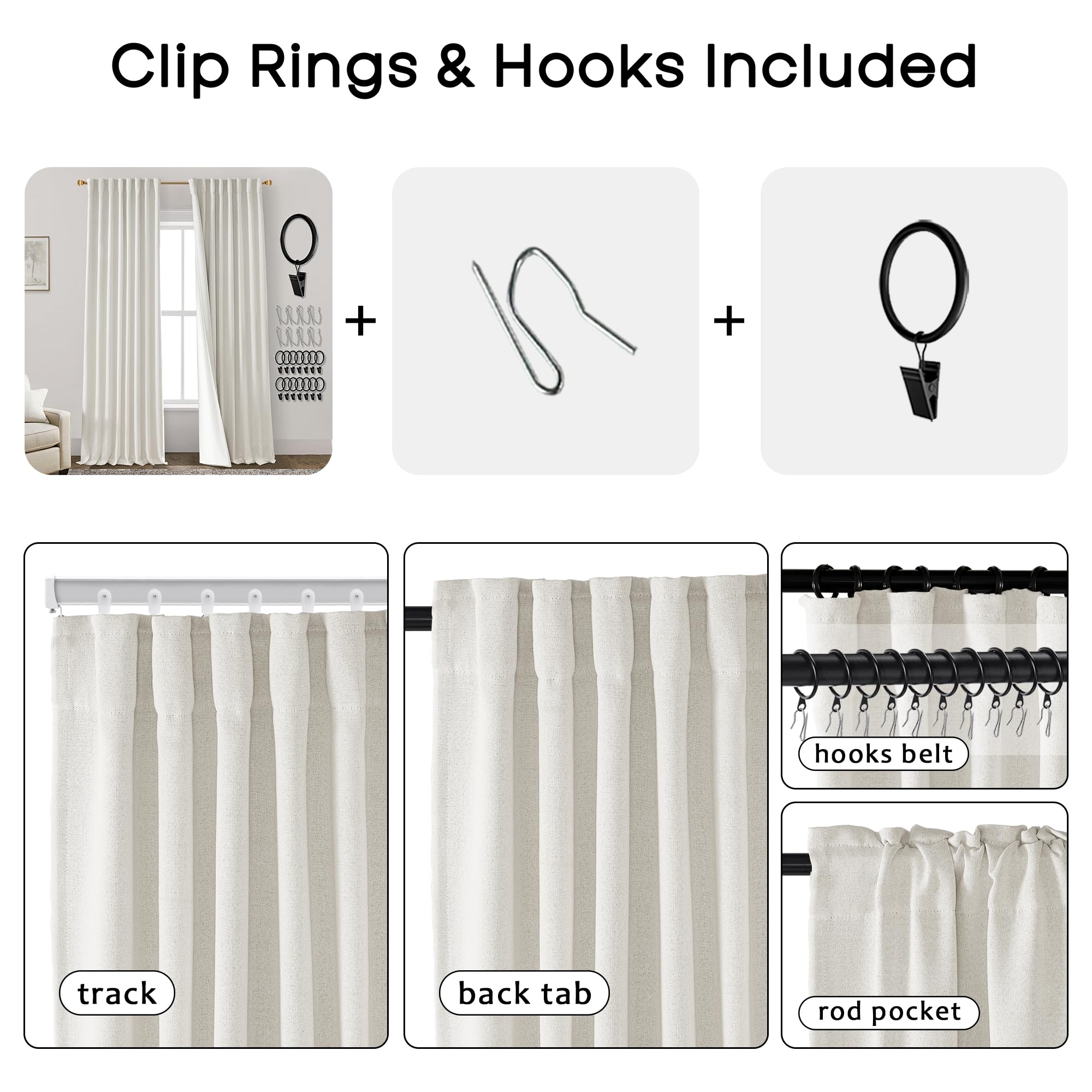 Curtains 96 Inches Long 2 Panel Set,Black Out Linen Track System Pleated Back Tab Room Darkening Blackout Insulated Thermal Curtains Drapes 96 Inch Length for Sliding Glass Door Living Room,8FT,Cream - Image 3