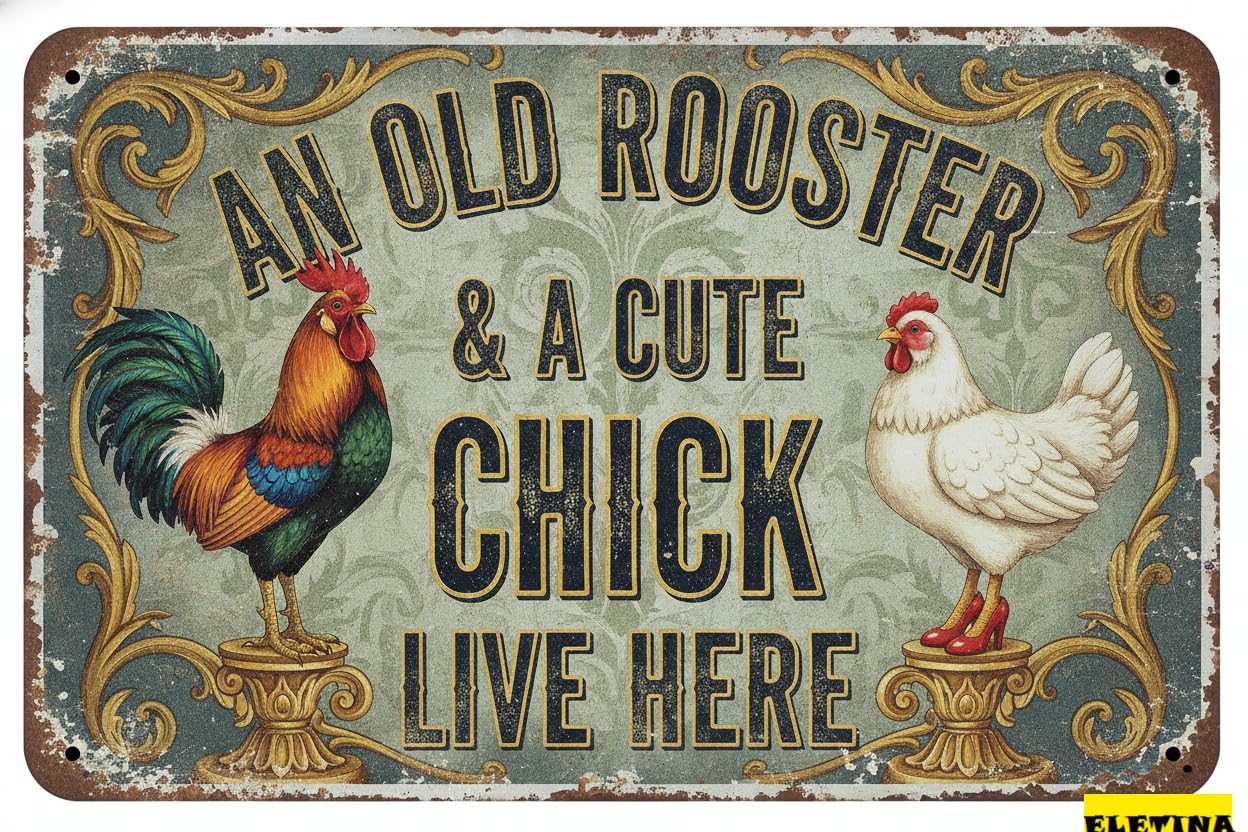 Personalized Sign for Man Cave Chicken Gifts Rooster Dcor An Old Rooster & A Cute Chick Live Here Rustic Tin Home Farm Chicken Coop Decor 8x12 Inch (9713) Private Property Decorative