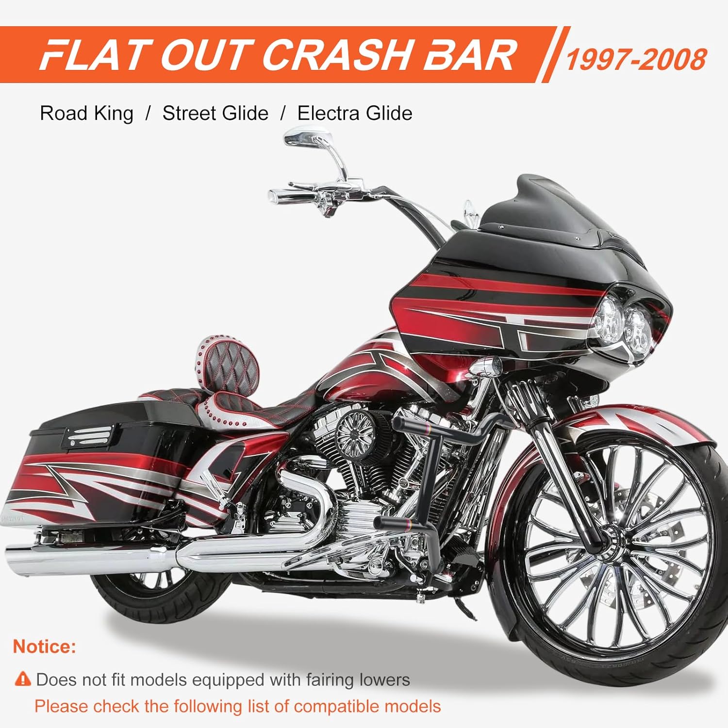 Engine Guard Flat Out Crash Bar Fits for Harley 1997-2008 Touring Road Glide Street Glide Road King Electra Glide Ultra Limited (97-08 Gloss Black Crash Bar)