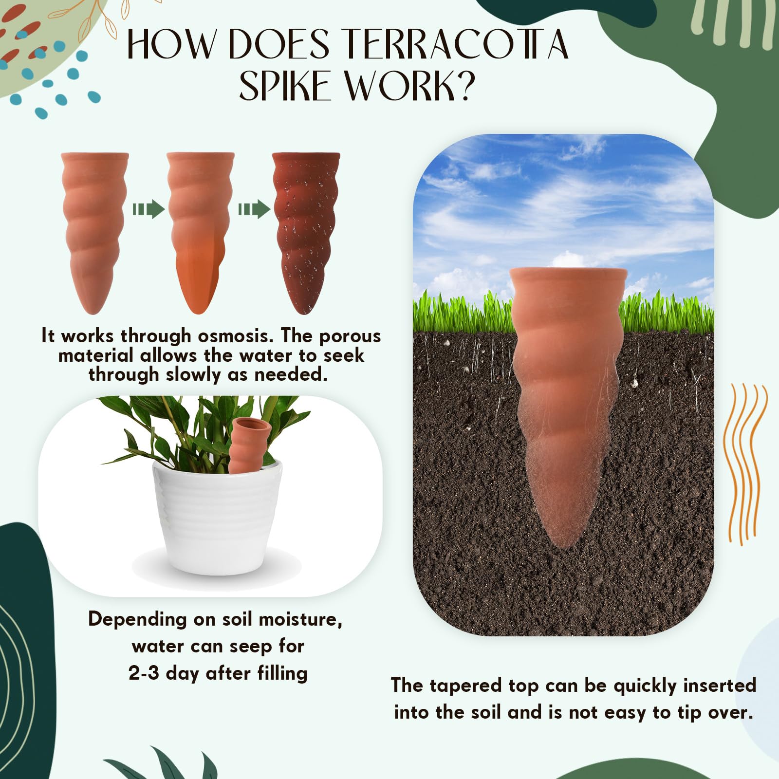 Geiserailie 8 Piezas Cono de Riego de Arcilla Globos de Riego de Terracota Ayuda para Regar Las Plantas Bolas de Riego de Arcilla Dispensador de Agua de Cerámica para Plantas