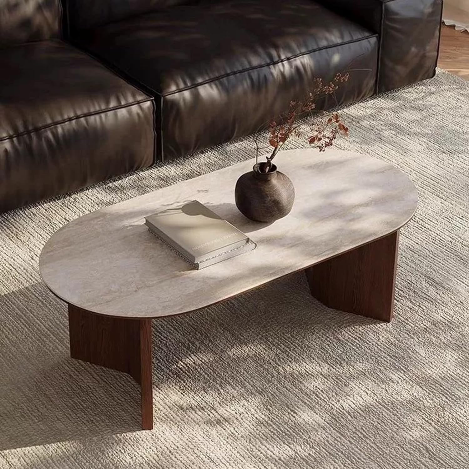 Solid Wood Modern Simple Living Room Home Small Apartment Travertine Rock Slab Oval,Suitable for Bedroom, Room, Entrance, Office(