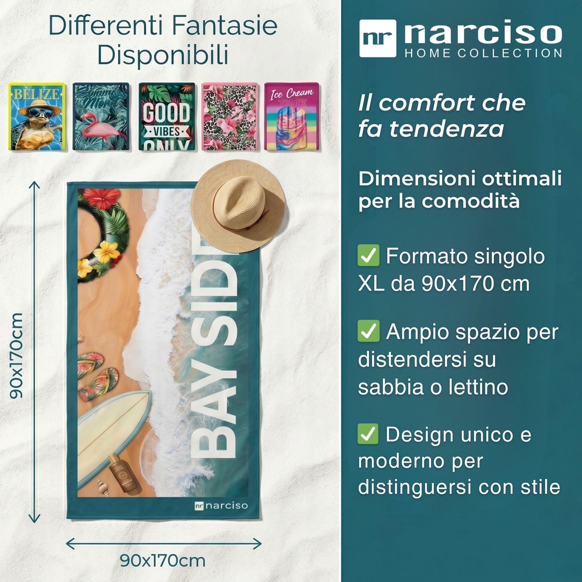 NARCISO 3 Telo Mare Microfibra (Disegni Scelti tra le Rimanenze del Magazzino) Asciugamano Mare Singolo 90x170cm con Disegni Unici Moderni, Teli Mare Microfibra Spiaggia Uomo Donna