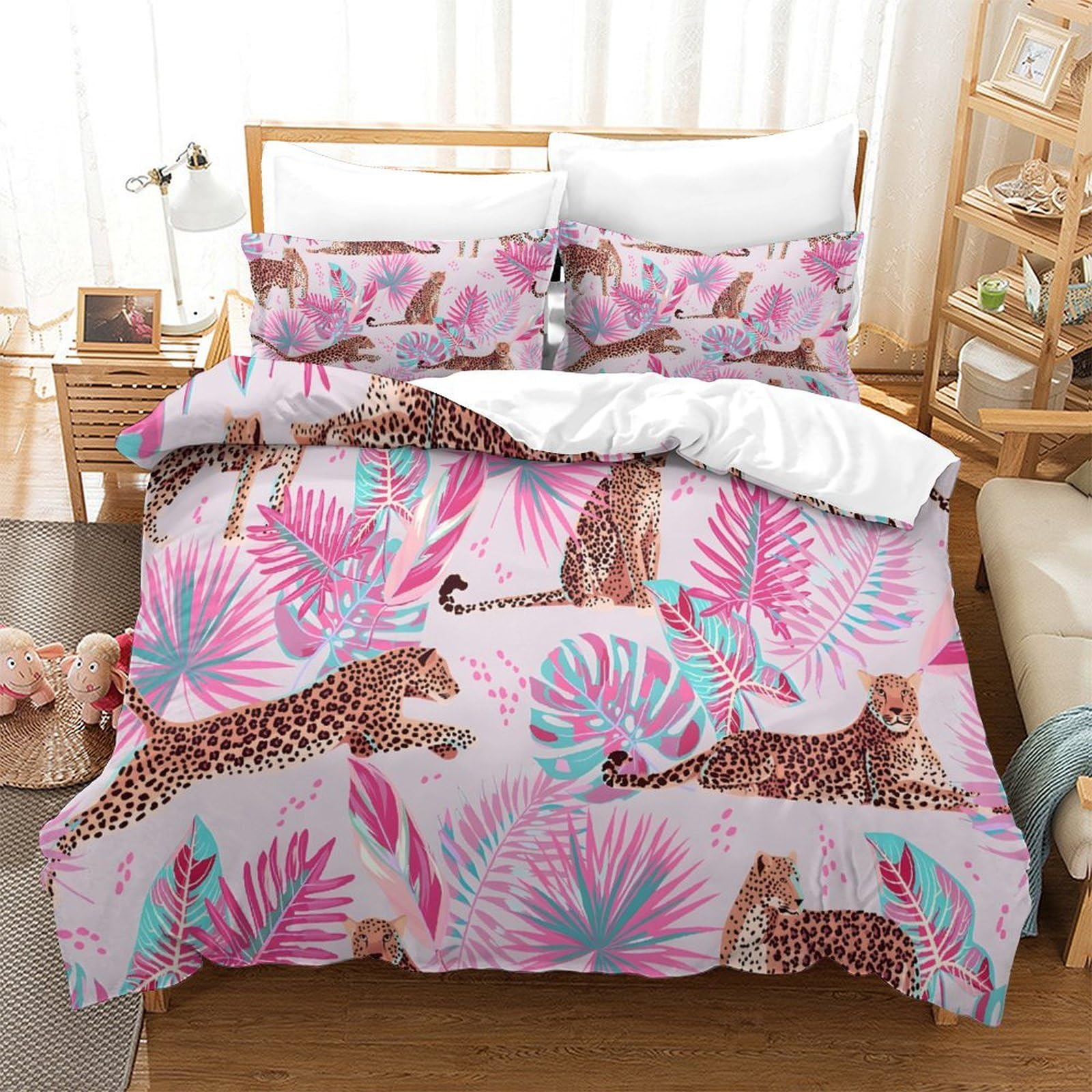 Tropical Leaves Leopards Pink Kids Soft Microfiber Bedding Set Full Size 3Pcs Comforter Set with Zipper Closure Ultra Soft Quilt Set Breathable Duvet Cover Set Bedclothes Super King（260x220cm）