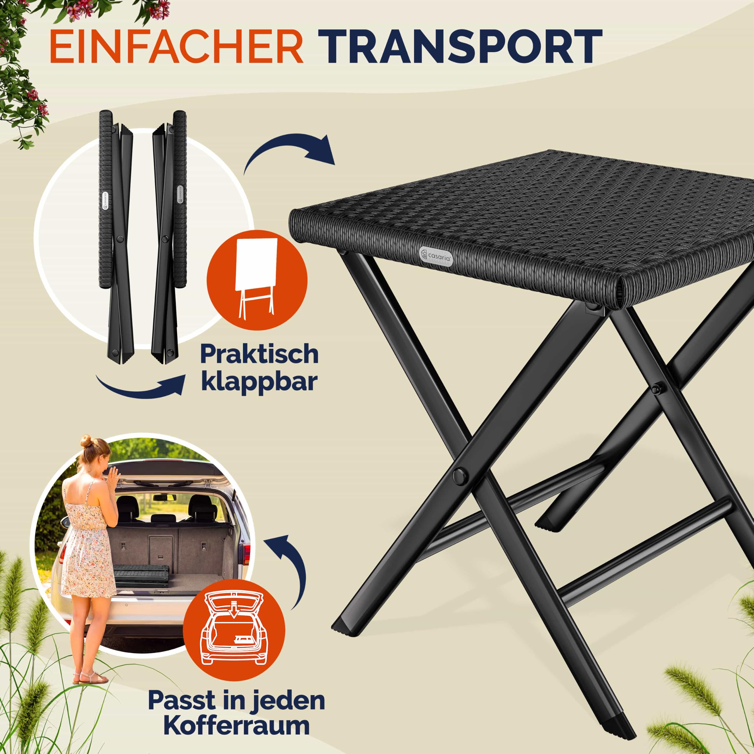 Casaria® Polyrattan Klapphocker 75kg Belastbarkeit 44x40x44cm Klappbar Leicht Tragbar Außen Wetterfest Garten Terrasse Balkon Camping Hocker Schwarz