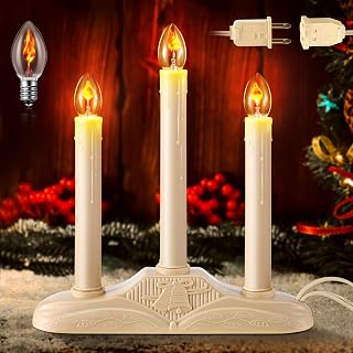Meonum 1 Set 3 Light Electric Window Candles Plug in Christmas Candle Light with C7 Bulbs, Ivory Christmas Candelabra with Switch, Charge Connector, Spare Fuse and Bulb for Holiday Window Decor