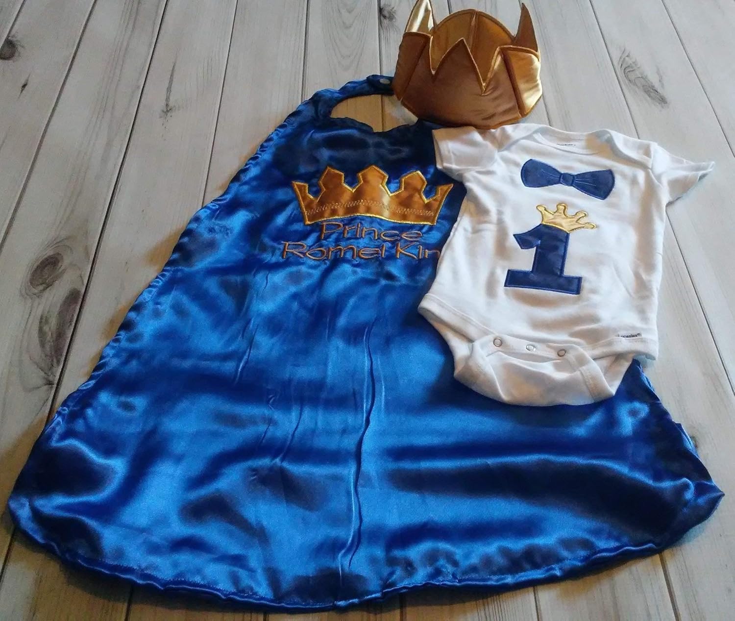 Mickey-Inspired Birthday Outfit for Baby Boys Custom Applique Onesie + Royal Blue Satin Cape + Gold Diaper Cover + Gold Satin Birthday Crown Hat Prince or King Theme