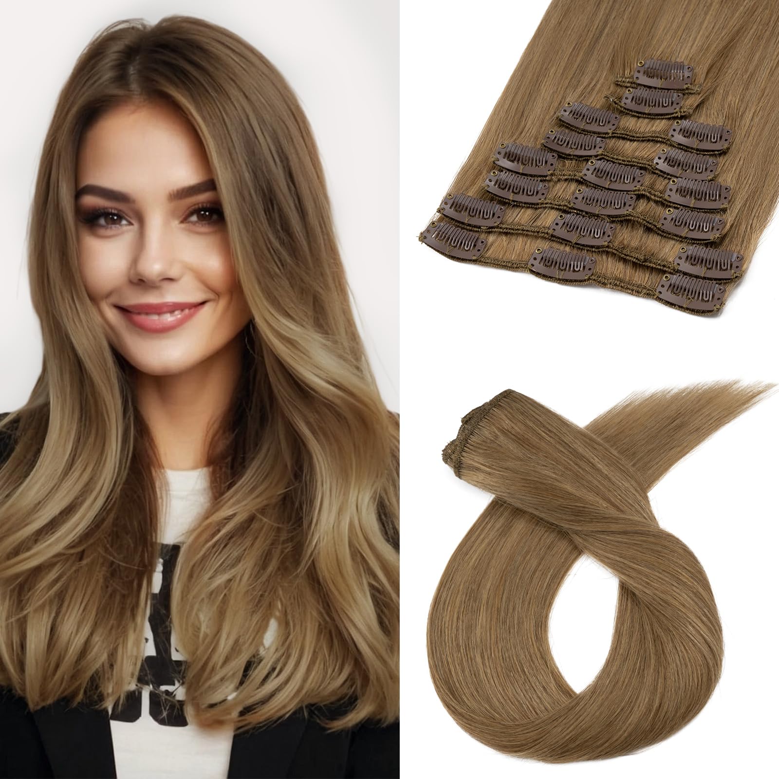 Benehair Real Hair Extensions Clip in Remy Straight #6 Light Brown Human Hair Clip in Extensions 8 Pcs Set including 18 Clips Silky Natural for Women Girls Daily Wear 8 Inch (45 g)