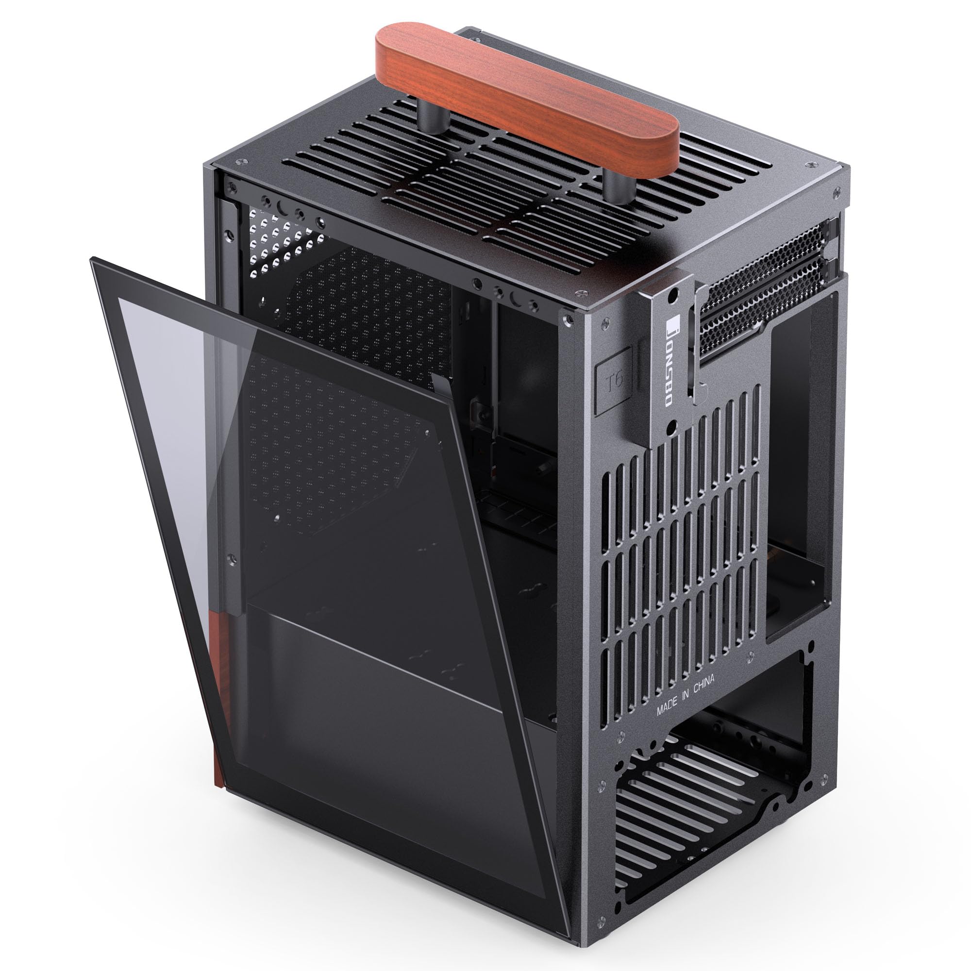 Jonsbo T6 Mini-ITX Case per PC – Nero, Vetro Temperato & Maniglia in Legno, Alluminio & Acciaio, Case Mini-Tower Compatto