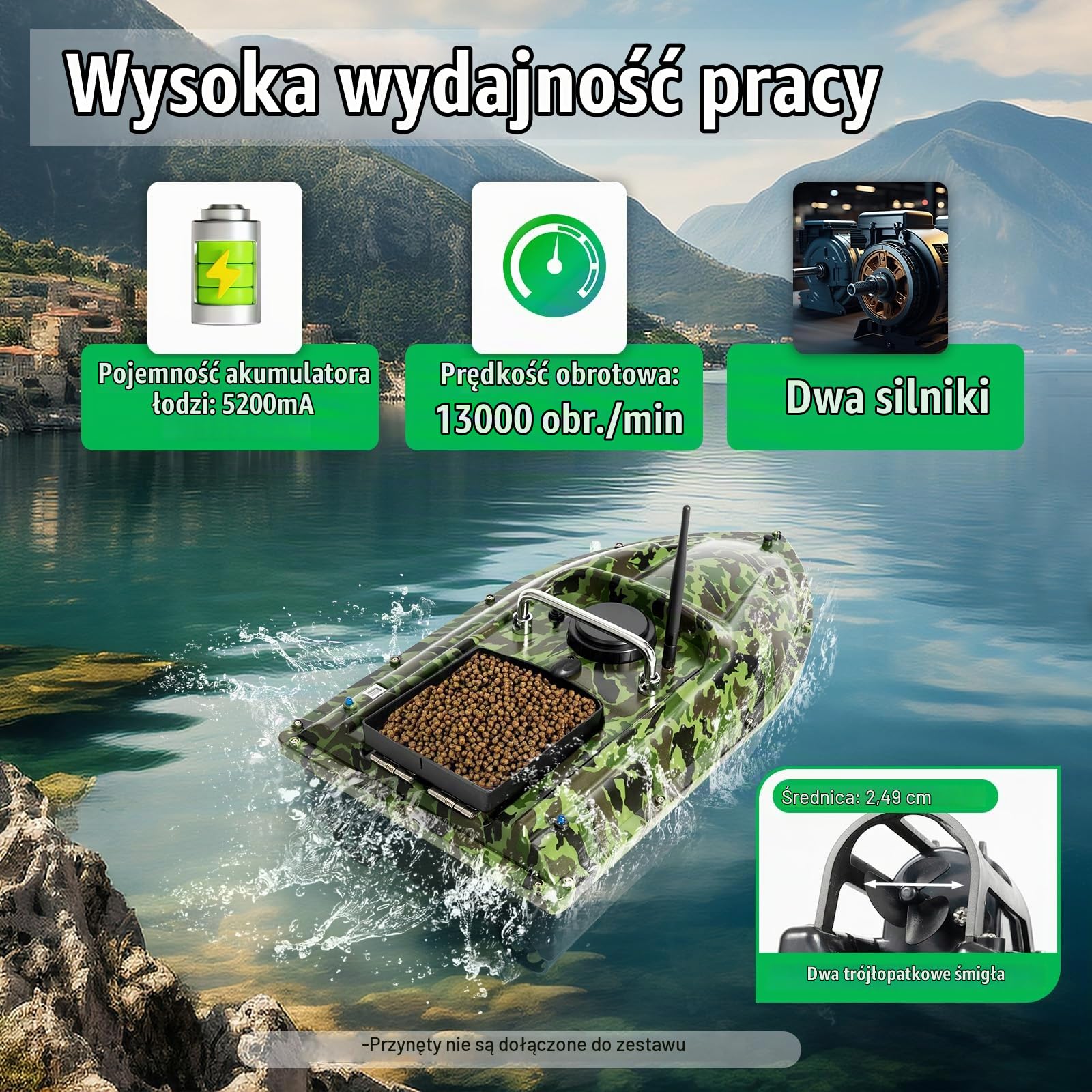 500 metrów, kamuflaż zdalnie sterowany, wędkarstwo nocne, 1,5 kg