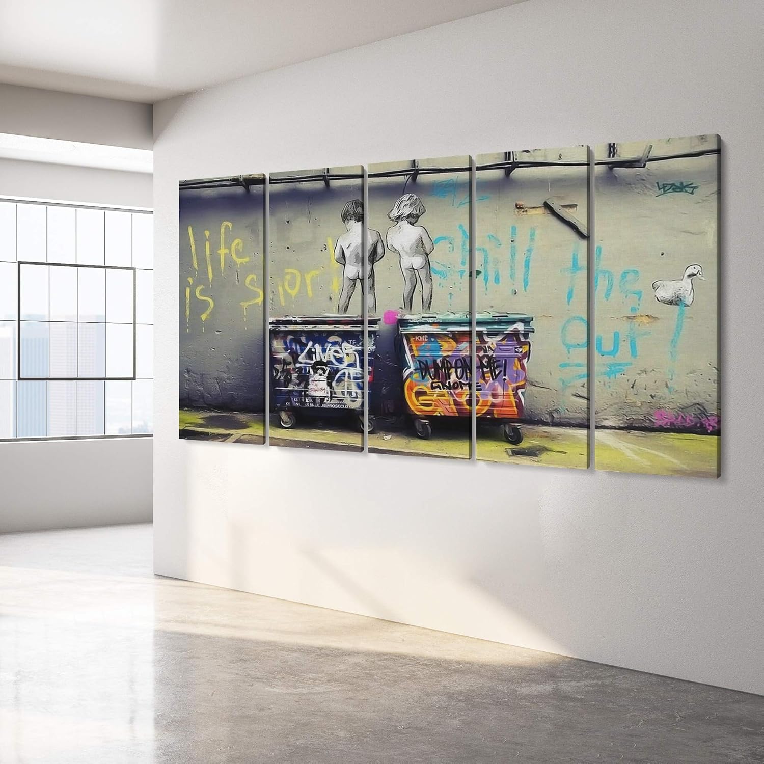 Tableau Déco Banksy 'Life Is Short Chill The Duck Out' En 3 Toiles - Reproduction Sur Toile Tendue, Fait Main