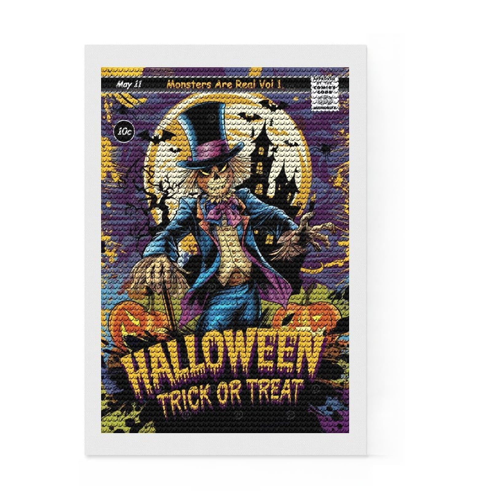 Junmoney Halloween Scarecrow Comic Cover Crystal Diamond Art Kit 8"x12", Christmas Gift, Easy to Enjoy, Boho Decor, DIY Craft, Leisure Activity