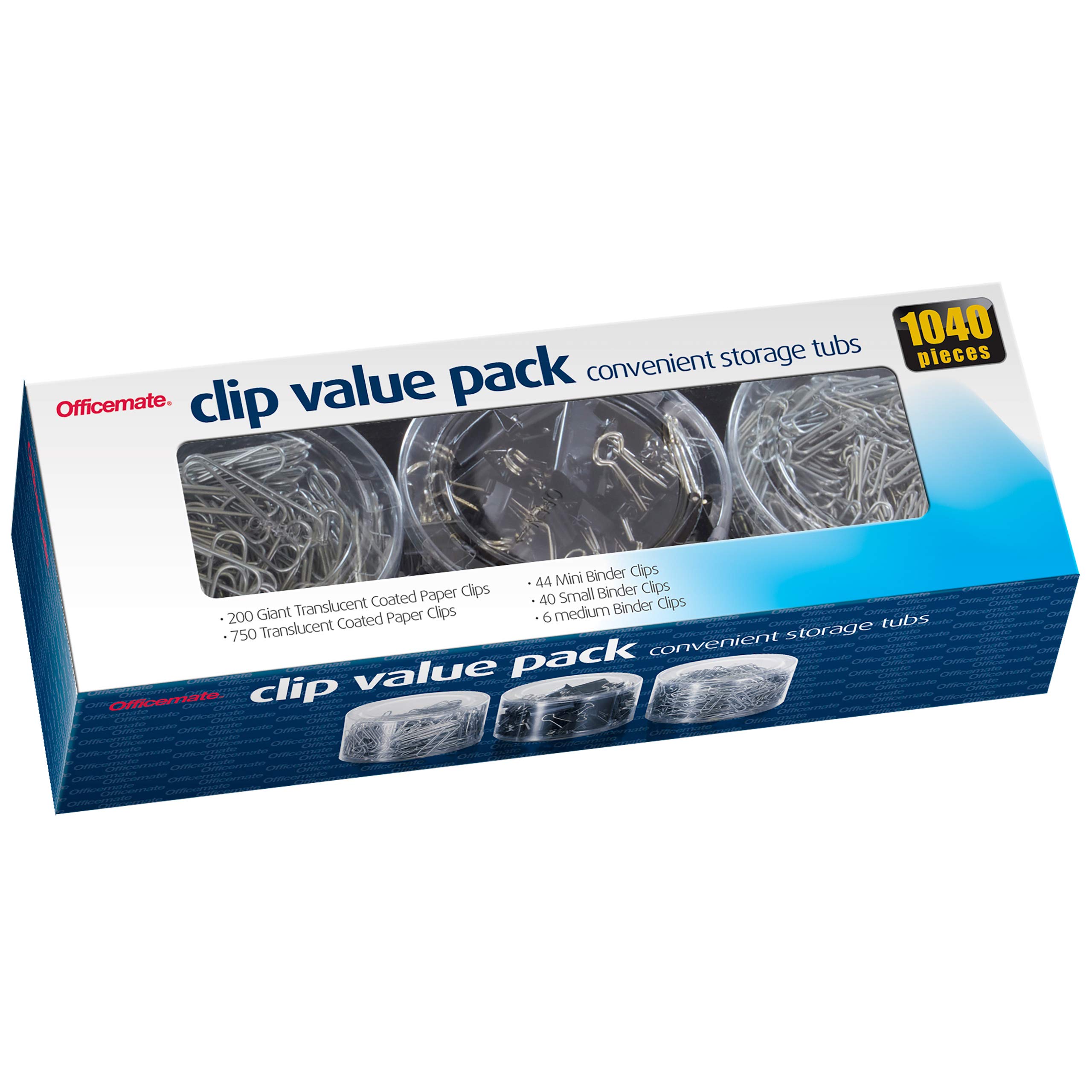 Officemateoic Clip Value Pack 1040 pièces, 200 géant avec revêtement trombones, 750# 2 avec revêtement trombones, 44 Mini, 40 et 6 Petit Medium Noir à anneaux Clips (97300) four