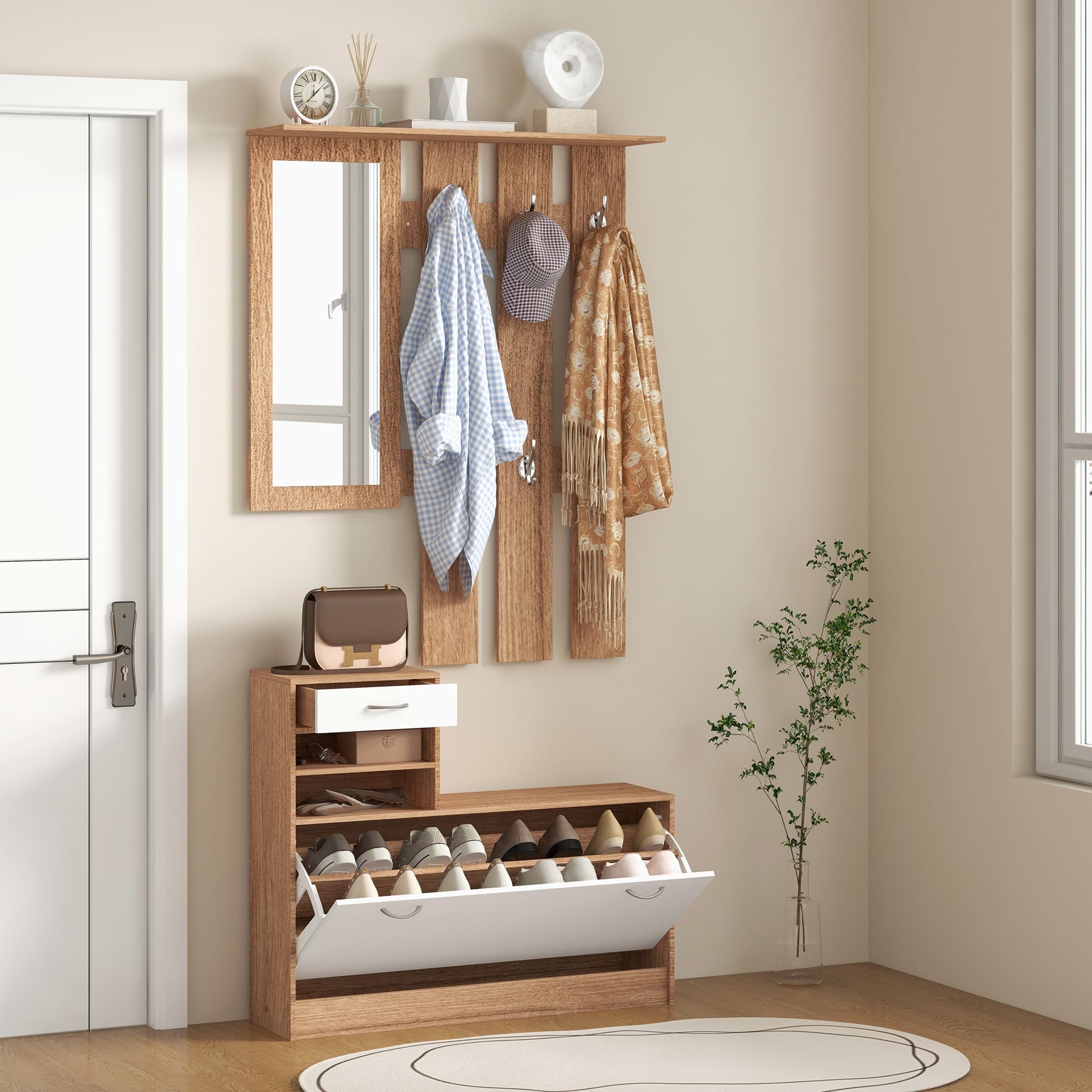 HOMCOM 3-in-1-Garderobenschrank mit Garderobenpaneel, Spiegel und Schuhbank - 6 Haken und verstellbares Regal, Walnussholz und Weiß