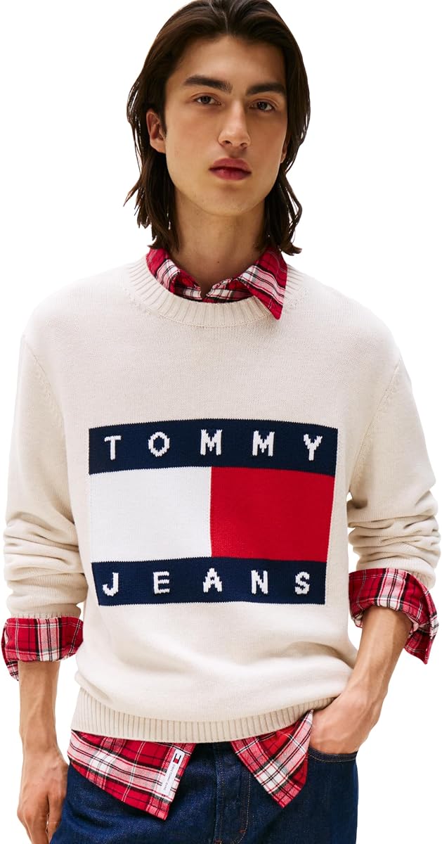 Tommy Jeans Suéter de cuello redondo de peso medio para hombre con logotipo de bandera