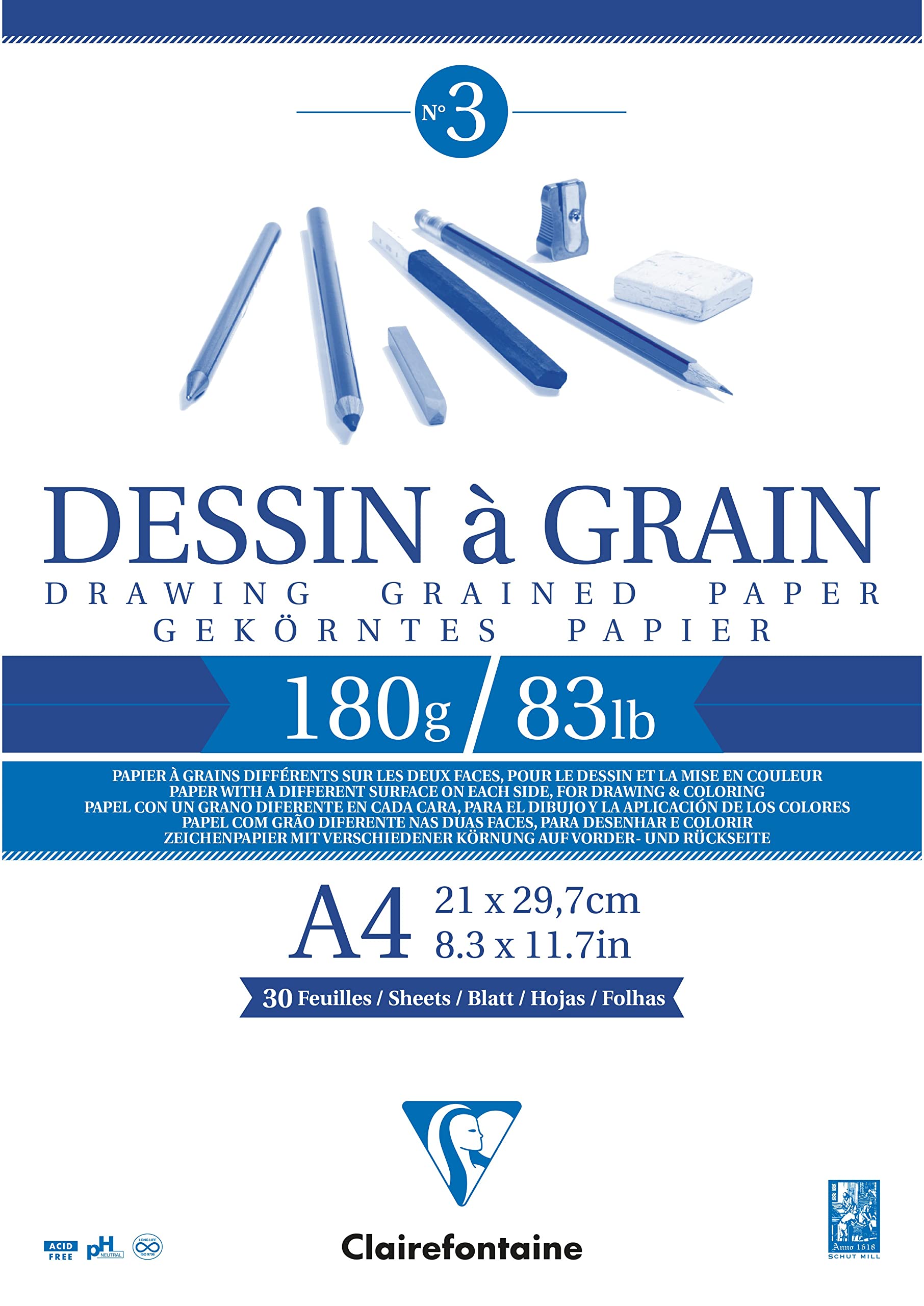 Clairefontaine 96624C Glued Grain Drawing Paper Pad - 30 Sheets Marked Grain Drawing Paper - A4 21 x 29.7 cm 180g - Pack of 5 pads