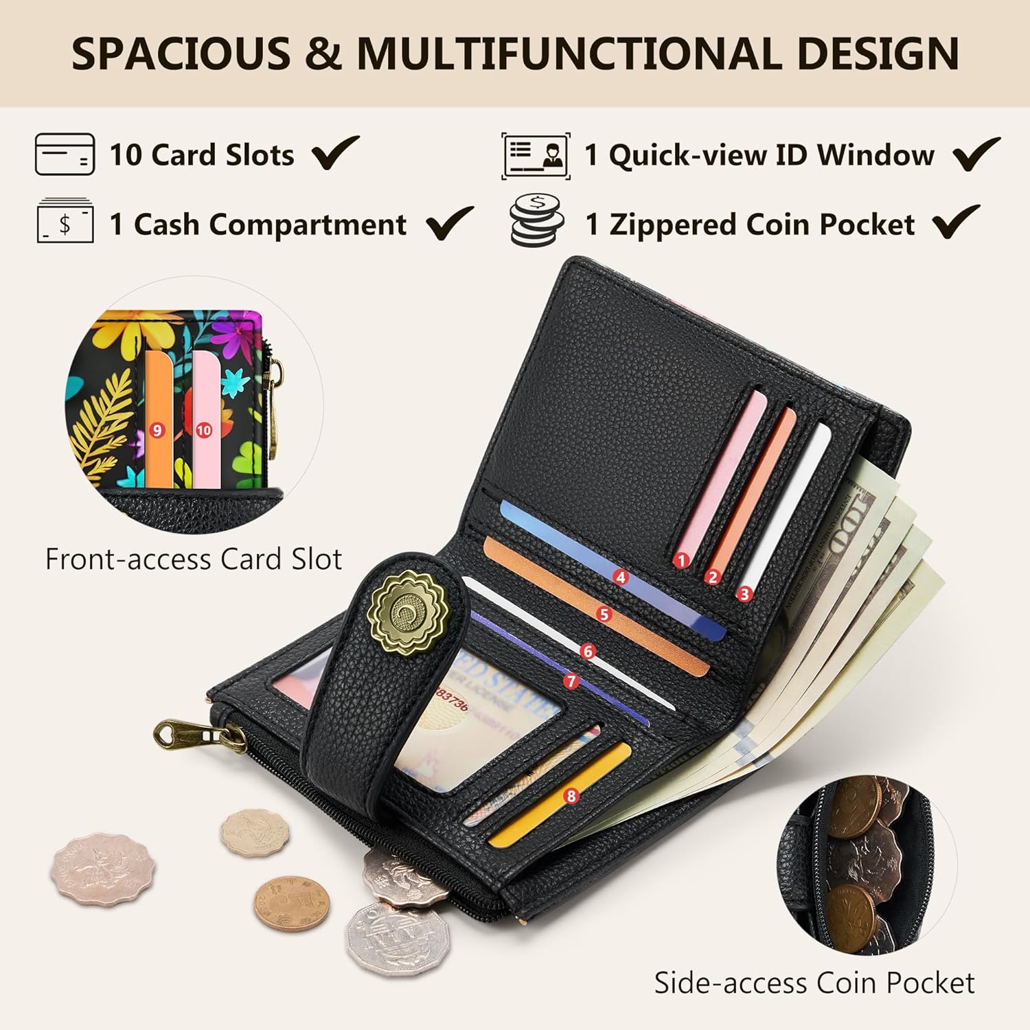 Chelmon Flowers Small Wallet Woman RFID Blocking, PU Leather Bifold Credit Card Ladies Wallets with ID Window, Cute Zipper Coin Pocket Purse for Girls - Image 4