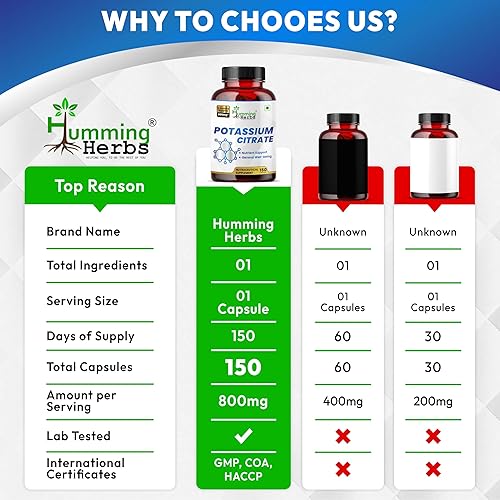 Miniatura 5 de Humming Herbs Citrato de potasio de 800 mg - 150 cápsulas veganas  Soporte diario de electrolitos y minerales  Sin aditivos  Sin OMG