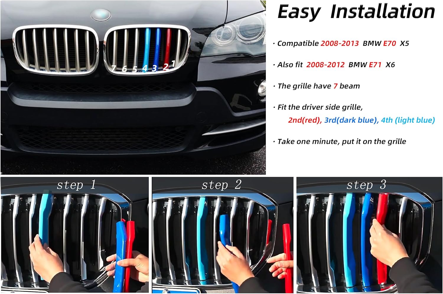 Grille color stripes Compatible with 2007-2013 E70 X5 accessories 2008-2012 X6 E71 insert trims accessories 7-Beam