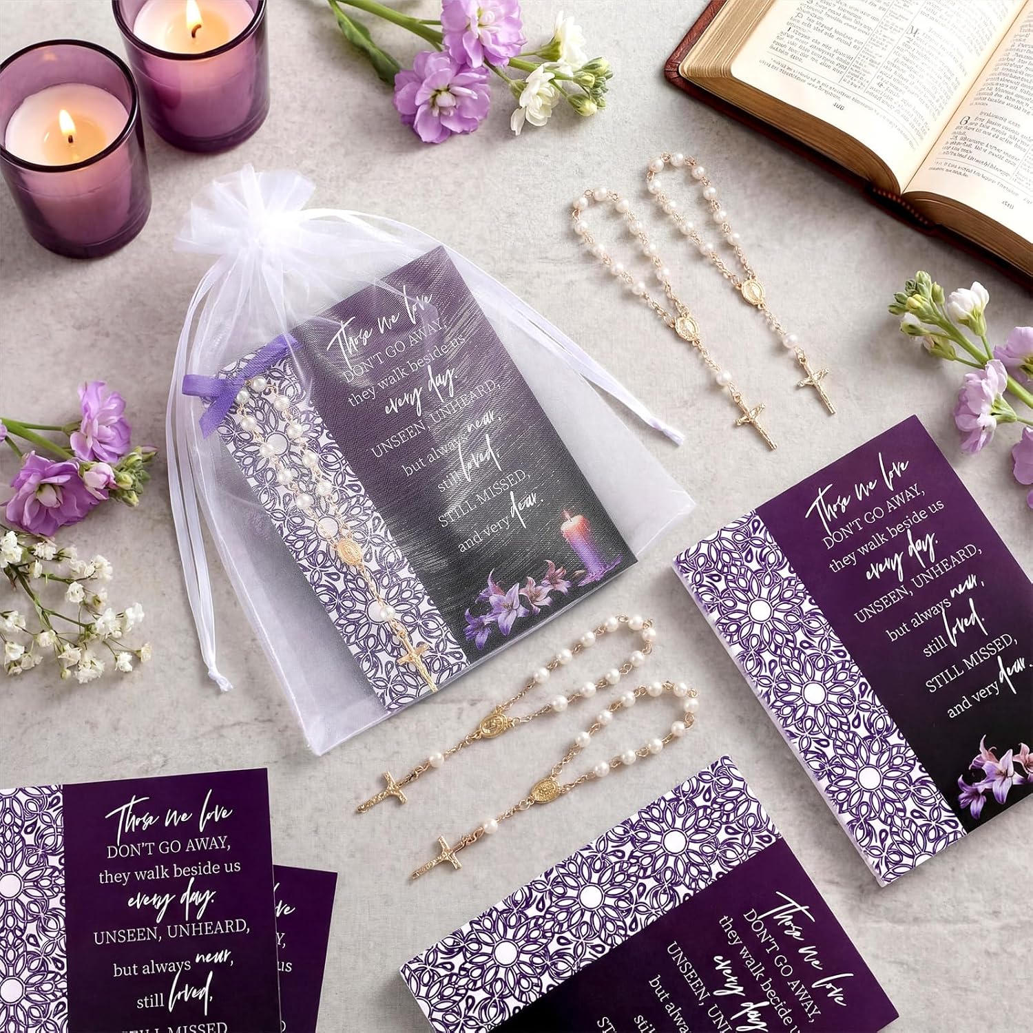 Sureio 60 Sets Funeral Favors for Guests Celebration of Life Decoration Memorial Rrosary & Sympathy Prayer Card Return Gift