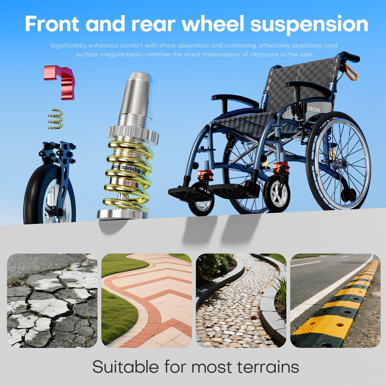 Sedia a Rotelle Pieghevole Leggera ad Autospinta, Sedia a Rotelle Autospinta con Ammortizzazione Regolabile, Capacità di Carico 200 kg, per Disabili ed Anziani