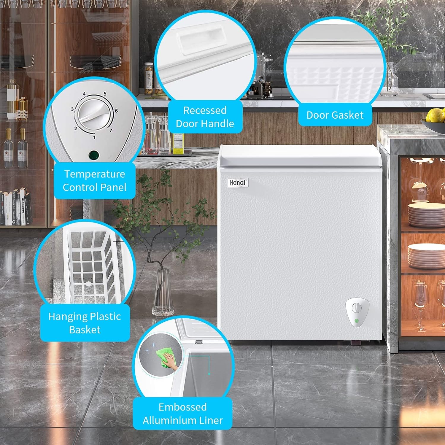 Chest Freezer 5.0 Cubic Chest Freezer Small Deep Freezer with Top Open Door and Removable Storage Basket, 7 Gears Temperature Control, Energy Saving, for Office Dorm or Apartment