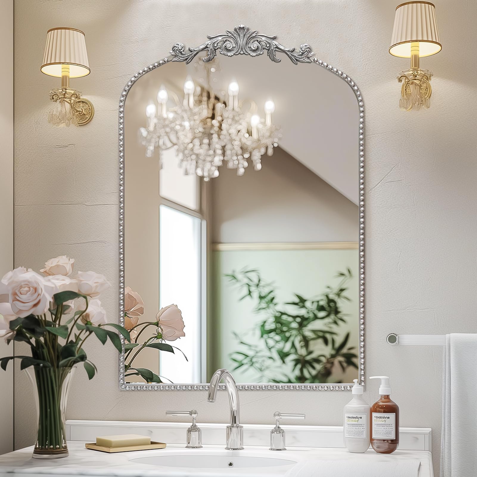 CASOLLY Antique Silver Arch Wall Mirror, 24"x36" Traditional Vintage Mantel Mirror with Ornate Metal Frame, Baroque Victorian Mirror for Fireplace/Entryway/Bathroom/Living Room/Hallway