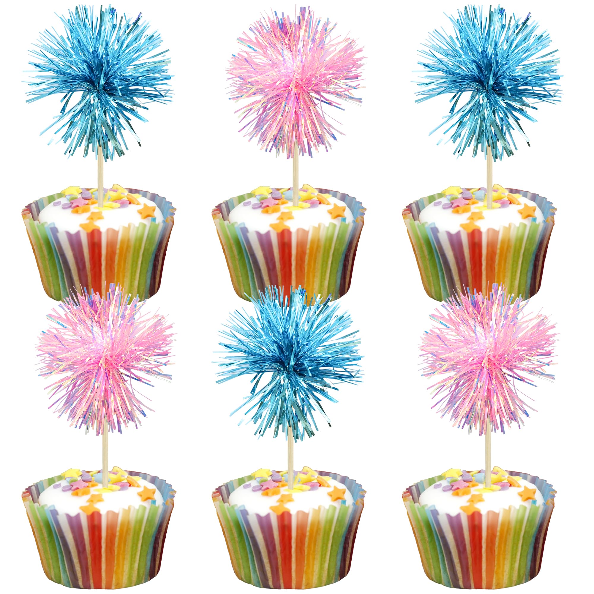 Gyufise 30Pcs Foil Firework Cupcake Toppers Sparkle Tinsel Cake Toppers Tinsel Drink Cake Decoration Cocktail Picks for Birthday Wedding Graduation