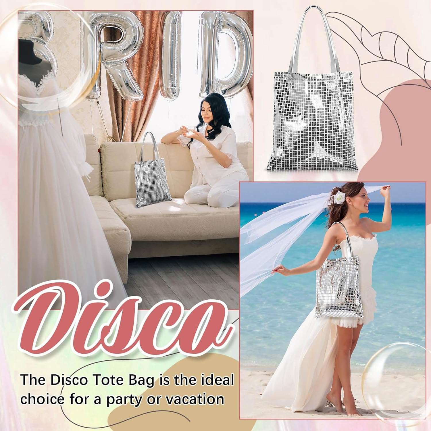 Paterr Disco Silver Tote Bag 15.75 x 14.96'' Sequin Tote Bag 80s 90s Party Silver Glitter Bachelorette Gift Reusable Grocery Shopping Shoulder Bags for Retro Disco Party Wedding Bridal Shower Favors - Image 6