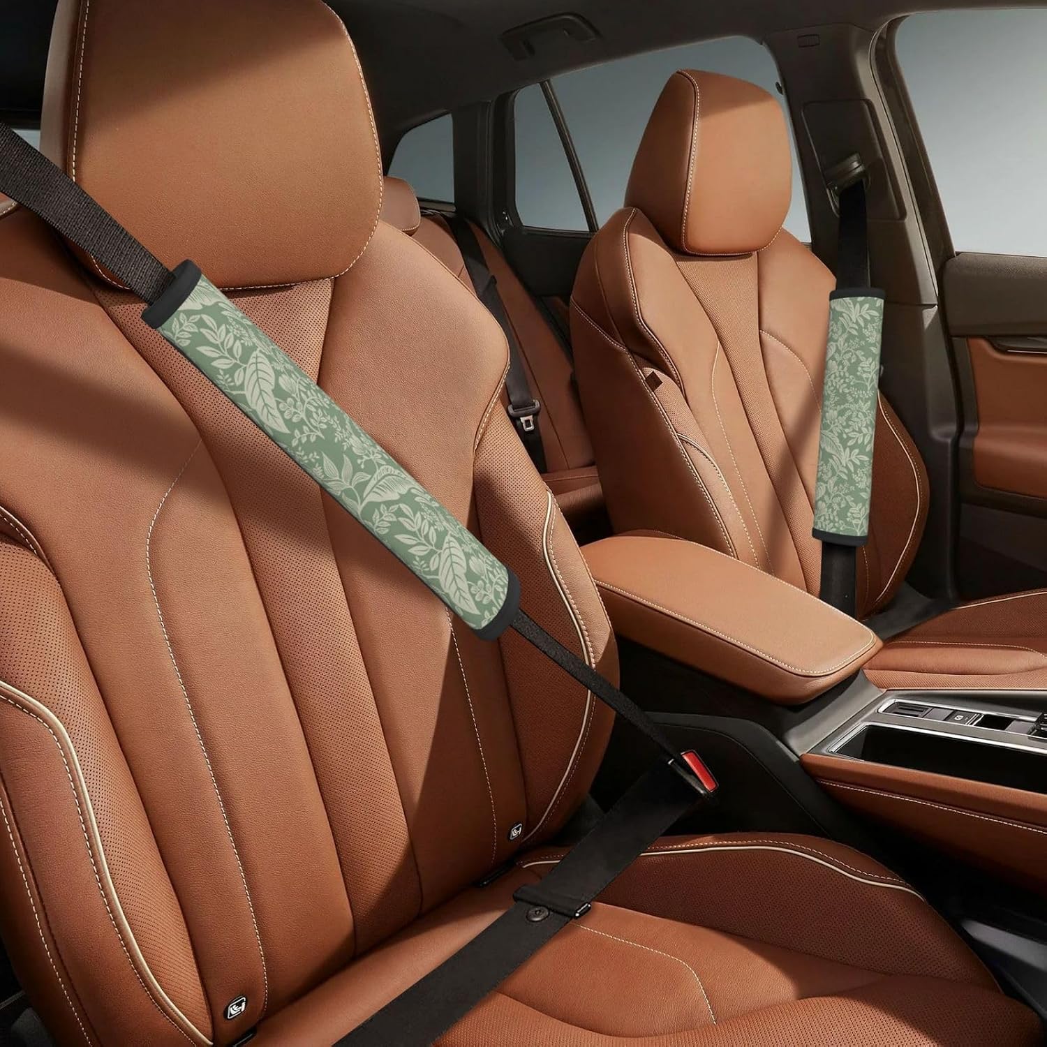 Ferns Sage Green Seat Belt Covers, Soft Comfortable Seatbelt Shoulder Pad 2 PCS Compatible with All Cars, Soft Auto Seat Belt Cover