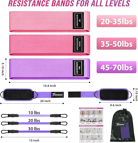Miniatura 7 de WOQQW Bandas de resistencia de tobillo con puños y bandas para glúteos para mujer, juego de bandas de resistencia de tela para entrenamiento de