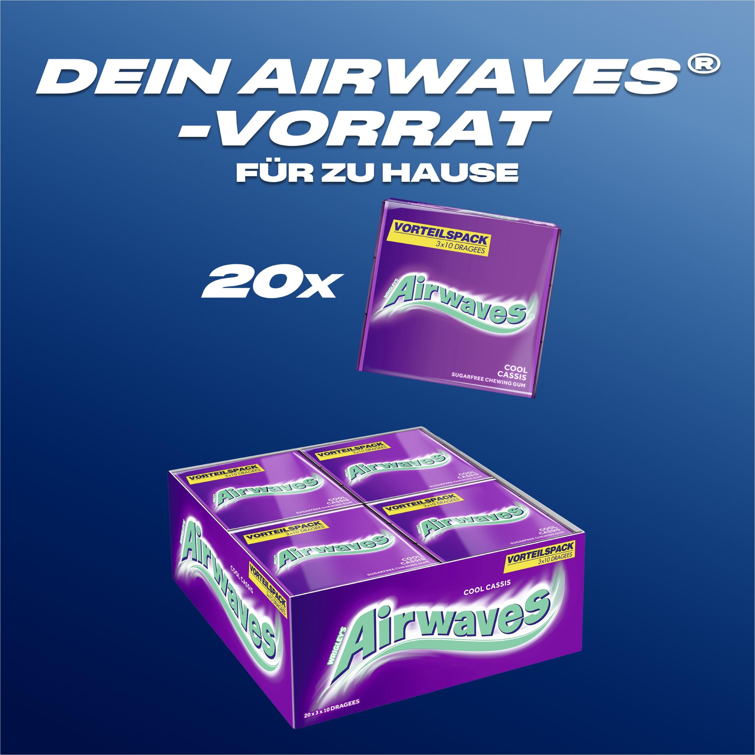 Airwaves Kaugummi | Cool Cassis | Lila, zuckerfrei | 20 x 3 Packungen (20 x 3 x 10 Dragees)