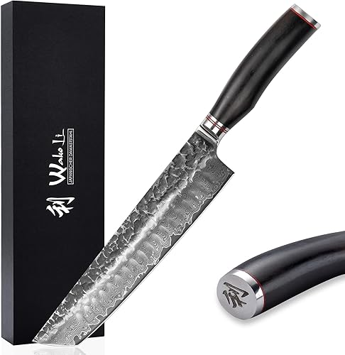 Wakoli EBO Damascus Hamokiri - Cuchillo de chef con hoja de 8 pulgadas, cuchillo de cocina molido a mano hecho de acero de Damasco genuino con 67