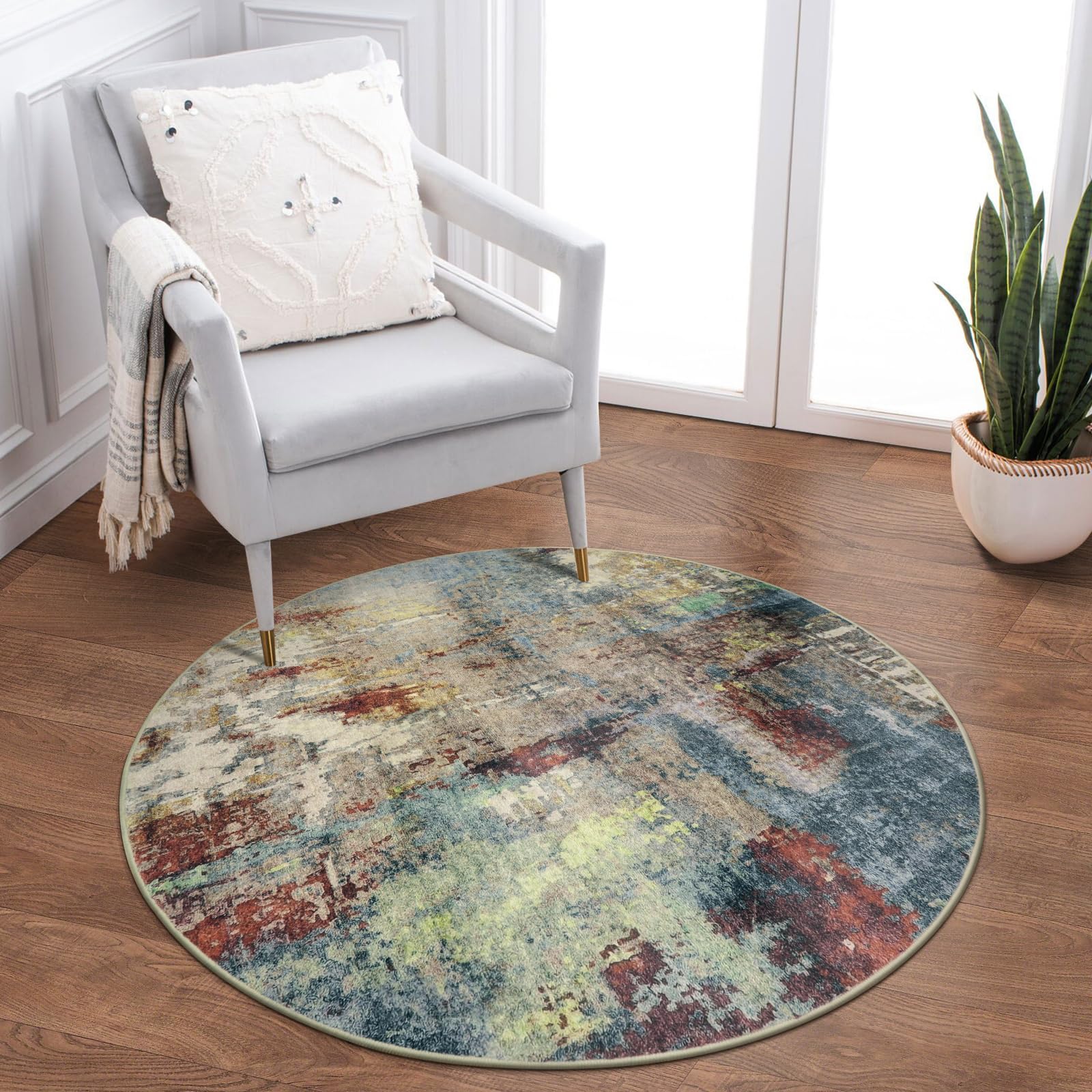 LahomeModern Abstract Round Rug - Red Small Round Rug Washable for Kitchen, Bedroom, Soft Circular Rug, Non-Slip Indoor Use for Closet, Bathroom, Living Room,OEKO-TEX STANDARD 100
