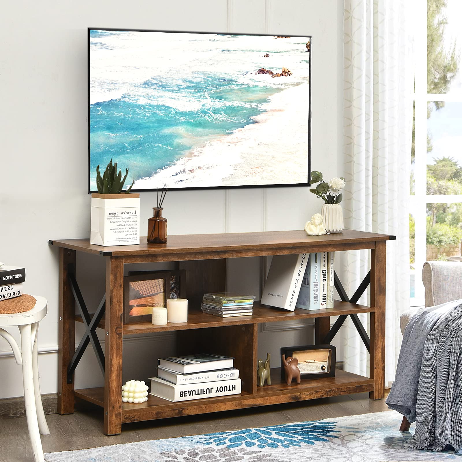 Amazon.com: Tangkula Wood TV Stand with Open Shelves and X-Shaped
