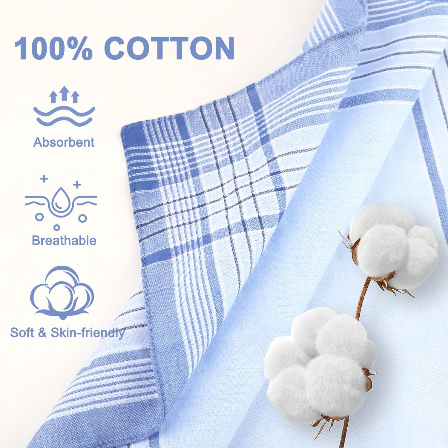 12 Pcs Handkerchiefs for Men, 100% Soft Cotton Men's Handkerchiefs with Check, Large Classic Hankies for Men (16 x 16 Inch)