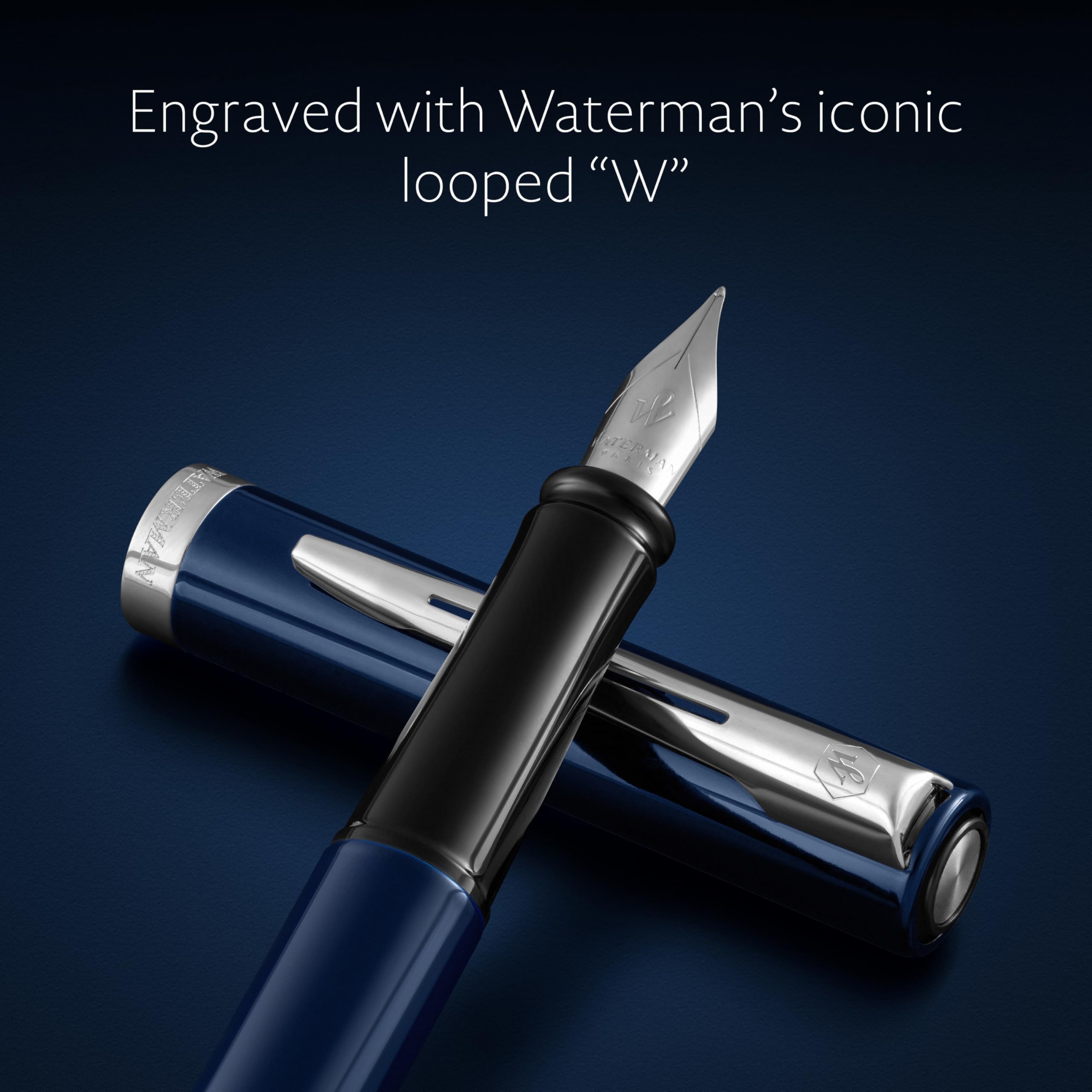 Waterman Impression Füller | Mittlere Feder mit blauer Tintenpatrone | Blauer Lack mit palladiumbeschichtetem Zierrat | Geschenkbox
