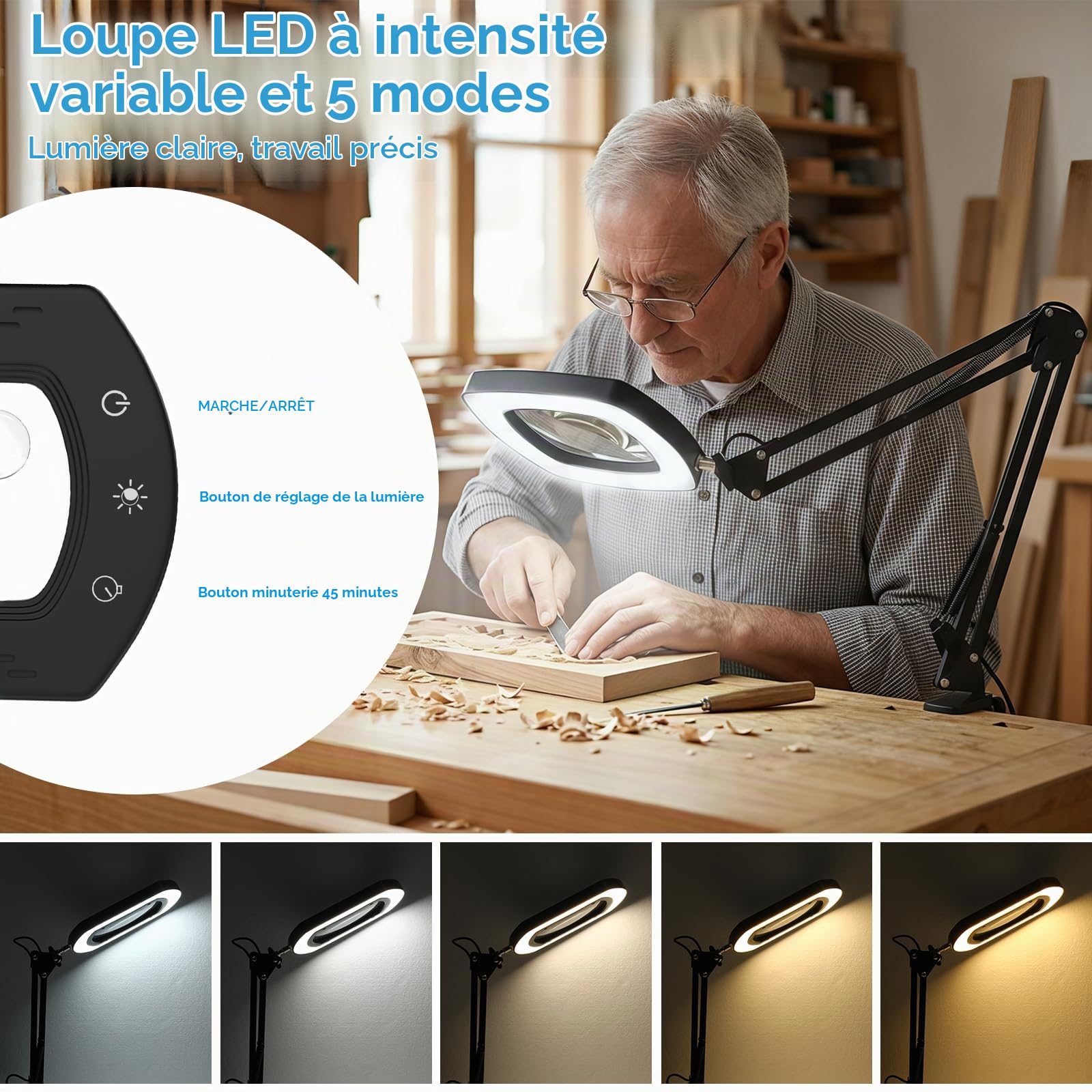 Moko Loupe 15X/30X avec Éclairage Et Socle, Lampe De Bureau À Pince, Loupe Éclairée par LED avec 5 Modes De Couleur Et Intensité Réglable en Continu, Loupe De Bureau pour Travaux Minutieux, Noir