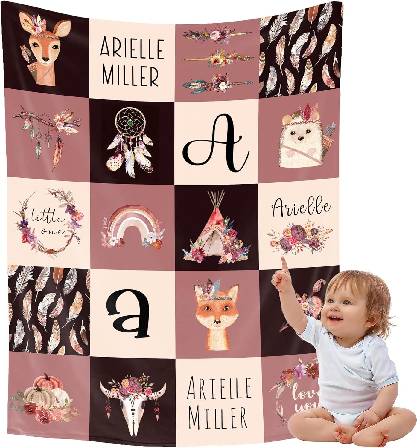 Personalized Boho Woodland Animals Baby Blanket for Boy Girl,Custom Name Plaid Blanket with Deer Fox Hedgehog Design,Soft Customized Swaddle Gifts Throw for Toddler Newborn Nursery Stroller Crib Decor