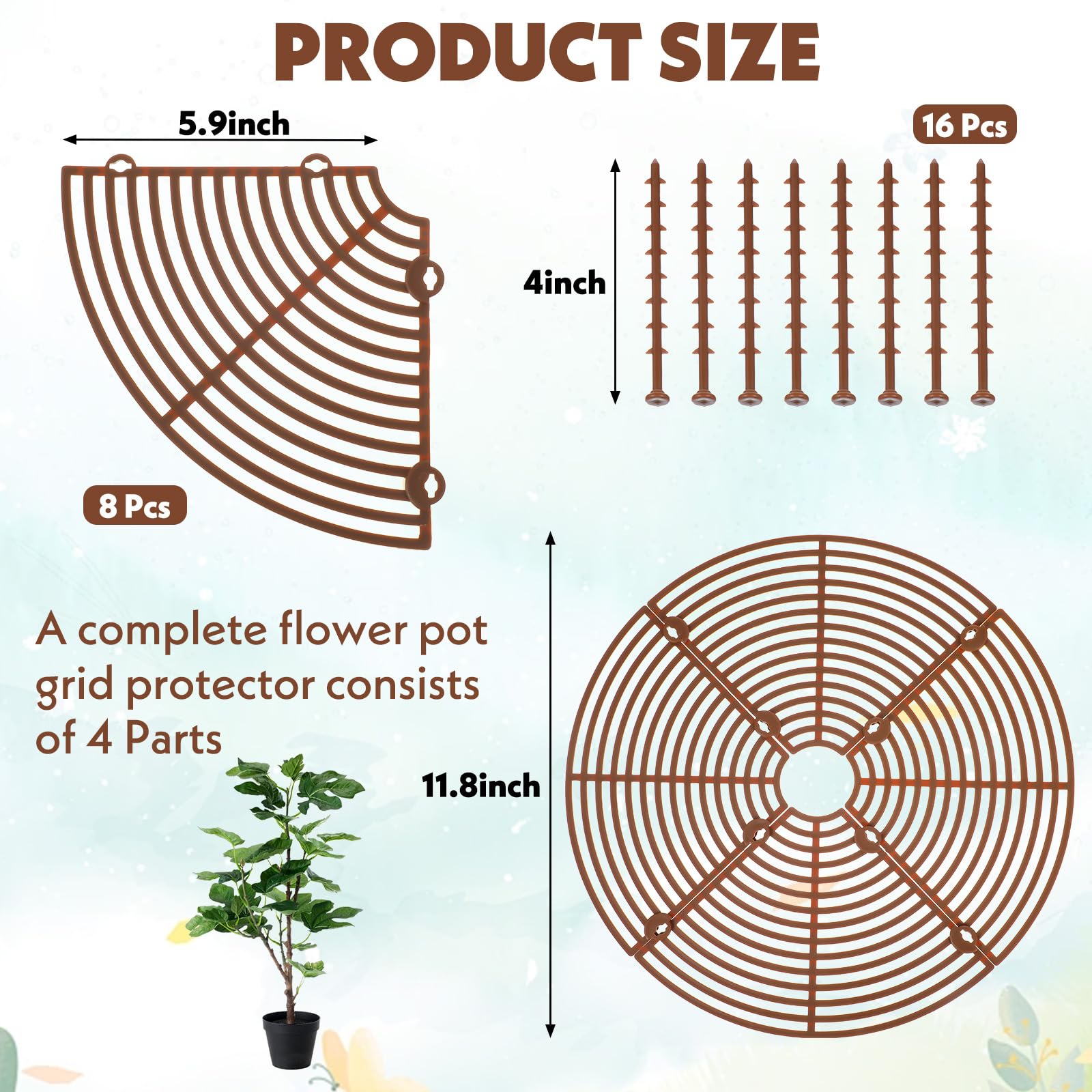 Nogeqi 2PCS Plant Pot Cover with Center Cutout, Cuttable Plant Cover with Stakes from Animals, Indoor Plants Protector from Cats, Cat Digging Stopper Pot Grid for Gardening (Brown, 11.8 Inch)