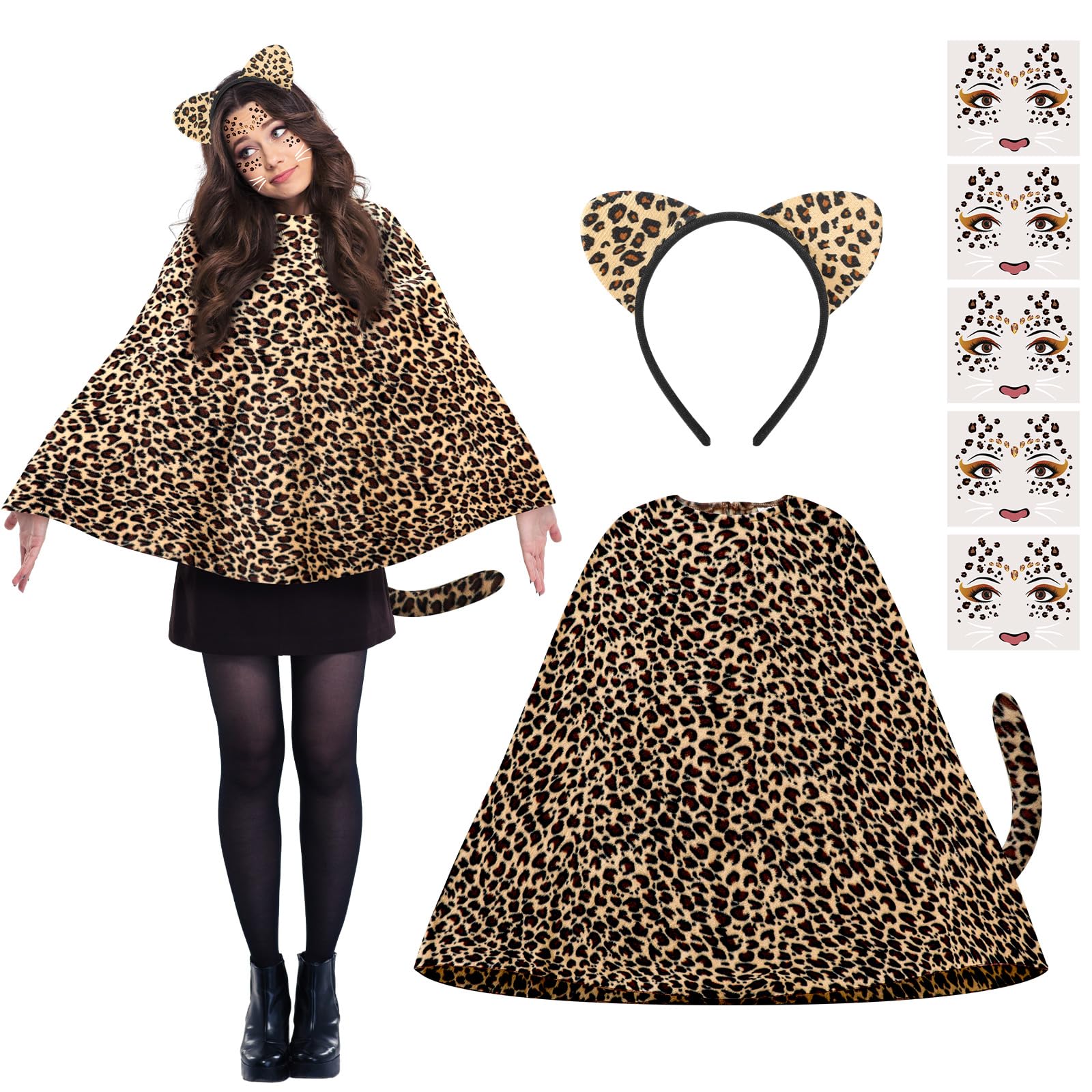 Xtinmee 7 Pcs Halloween Leopard Costume Set Leopard Poncho Leopard Temporary Face Tattoos Cheetah Cat Ears Headband for Costume Cosplay Accessories