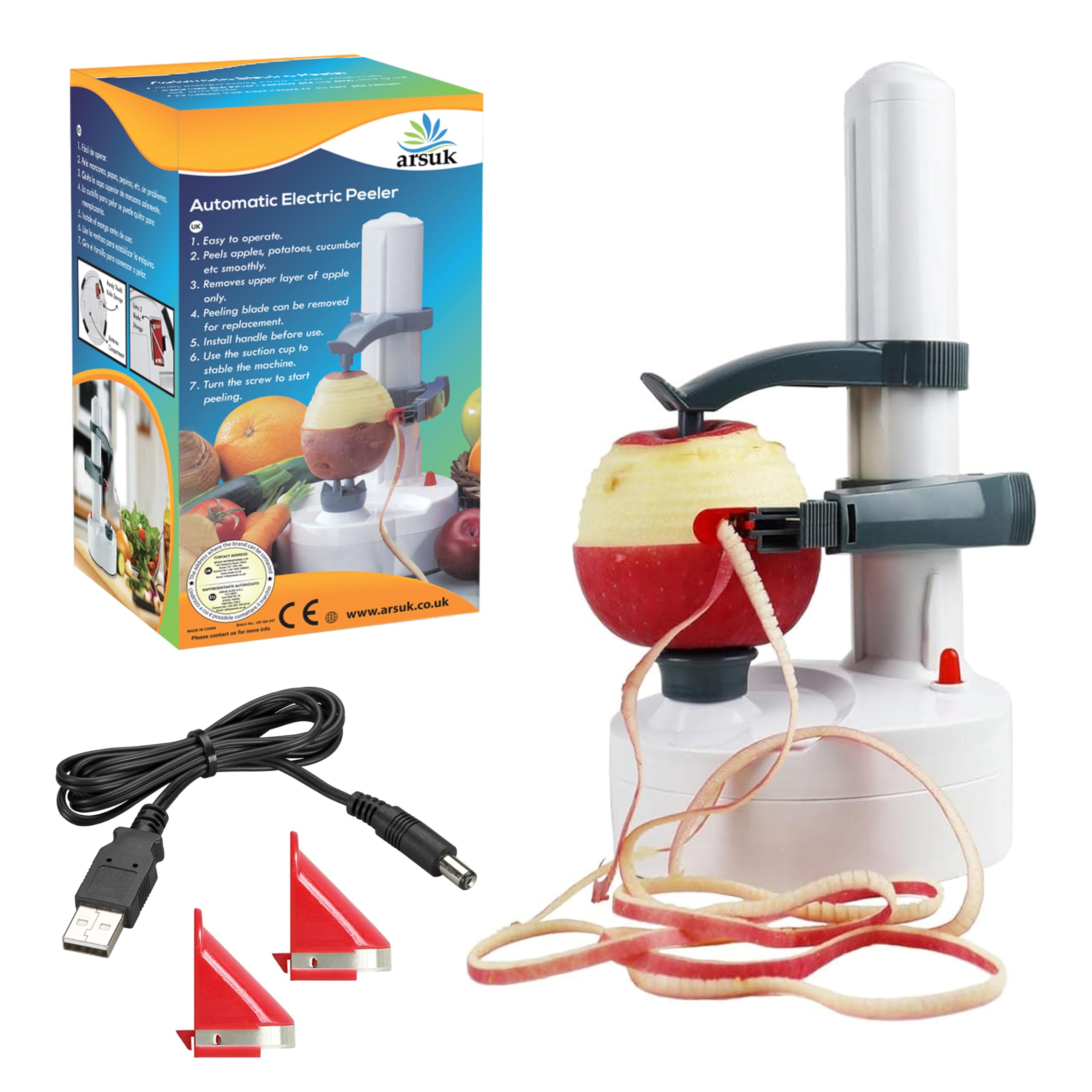 Arsuk White Electric Potato Peelers, Automatic Rotating Apple Peeler Machine With 3 Blades With Power Cord For Fruits Vegetables Cutter Kitchen Peeling Tool (White)