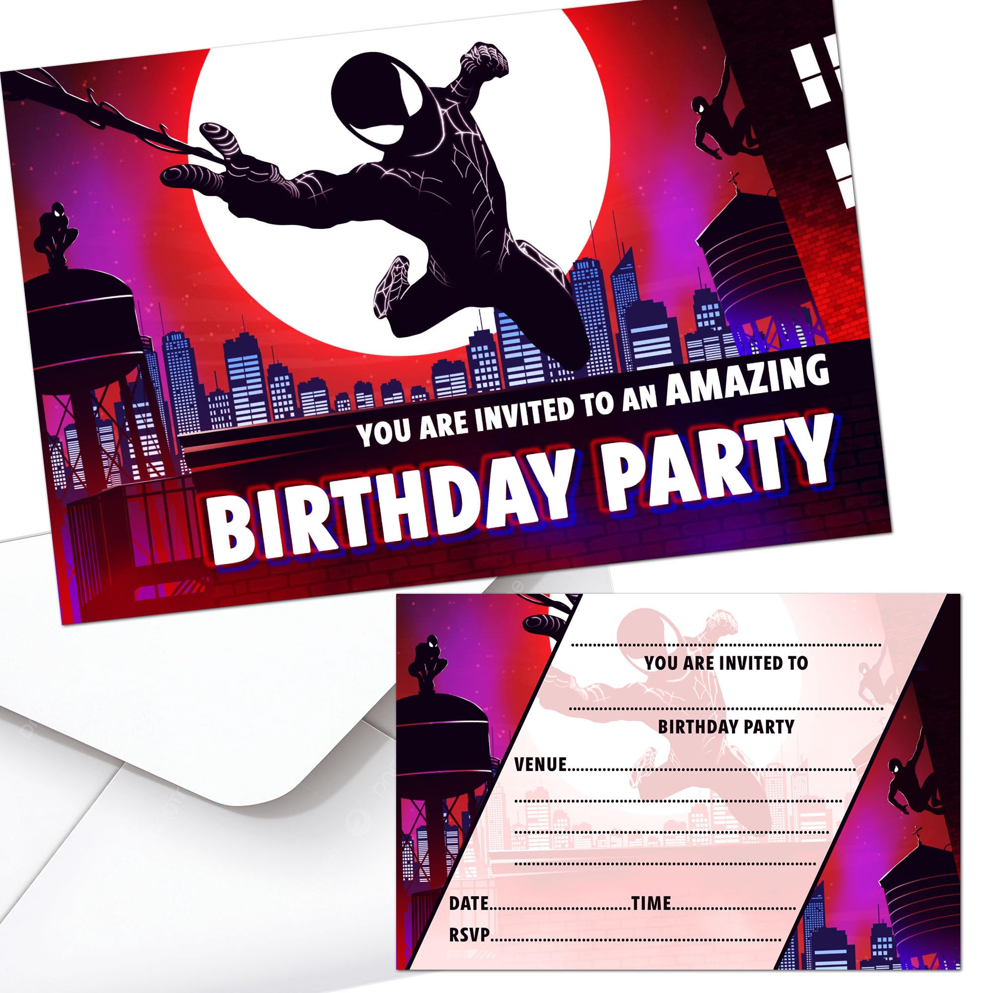 Spiderverse Birthday Party Invites Invitations & Envelopes (WRITE ON) (12 with envelopes)