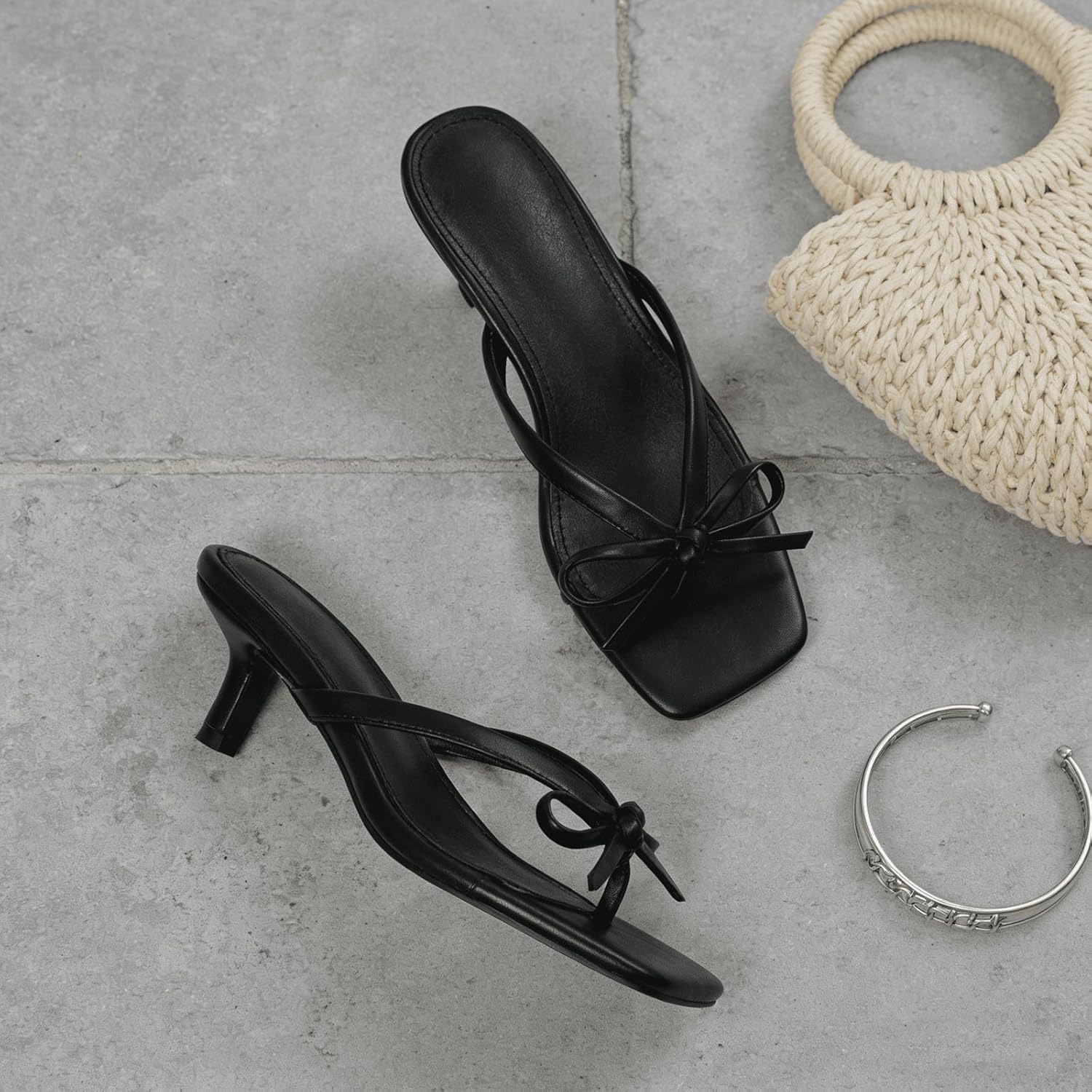 Mattiventon Kitten Heel Sandals Thong Sandals For Women Bow Heels Slip On Flip Flops Square Toe Summer Cute Party Dress Shoes - Image 5