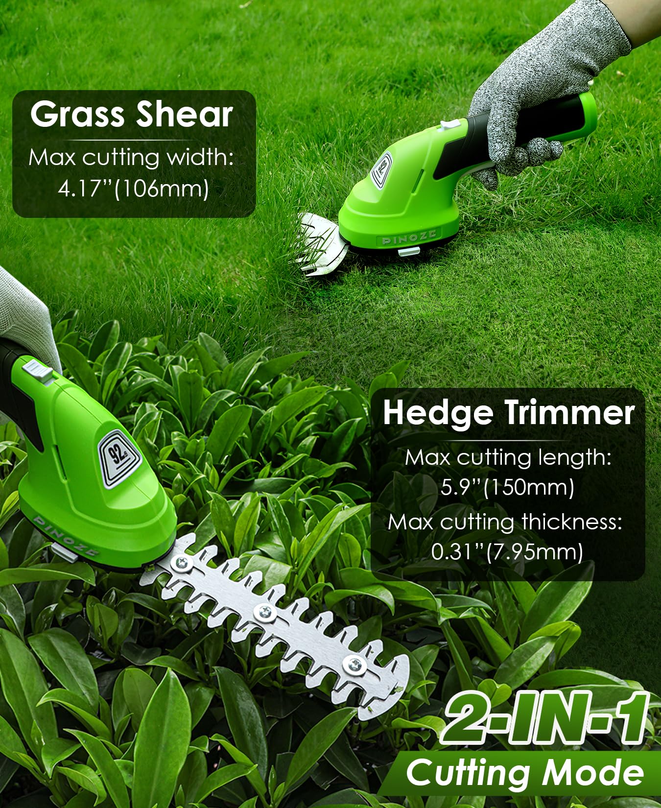PINOZE Cisaille à gazon et taille-haie sans fil – 2 en 1 portable 7,2 V, petit taille-buisson électrique, 2,0 Ah alimenté par batterie rechargeable pour jardin, cour, entretien de pelouse