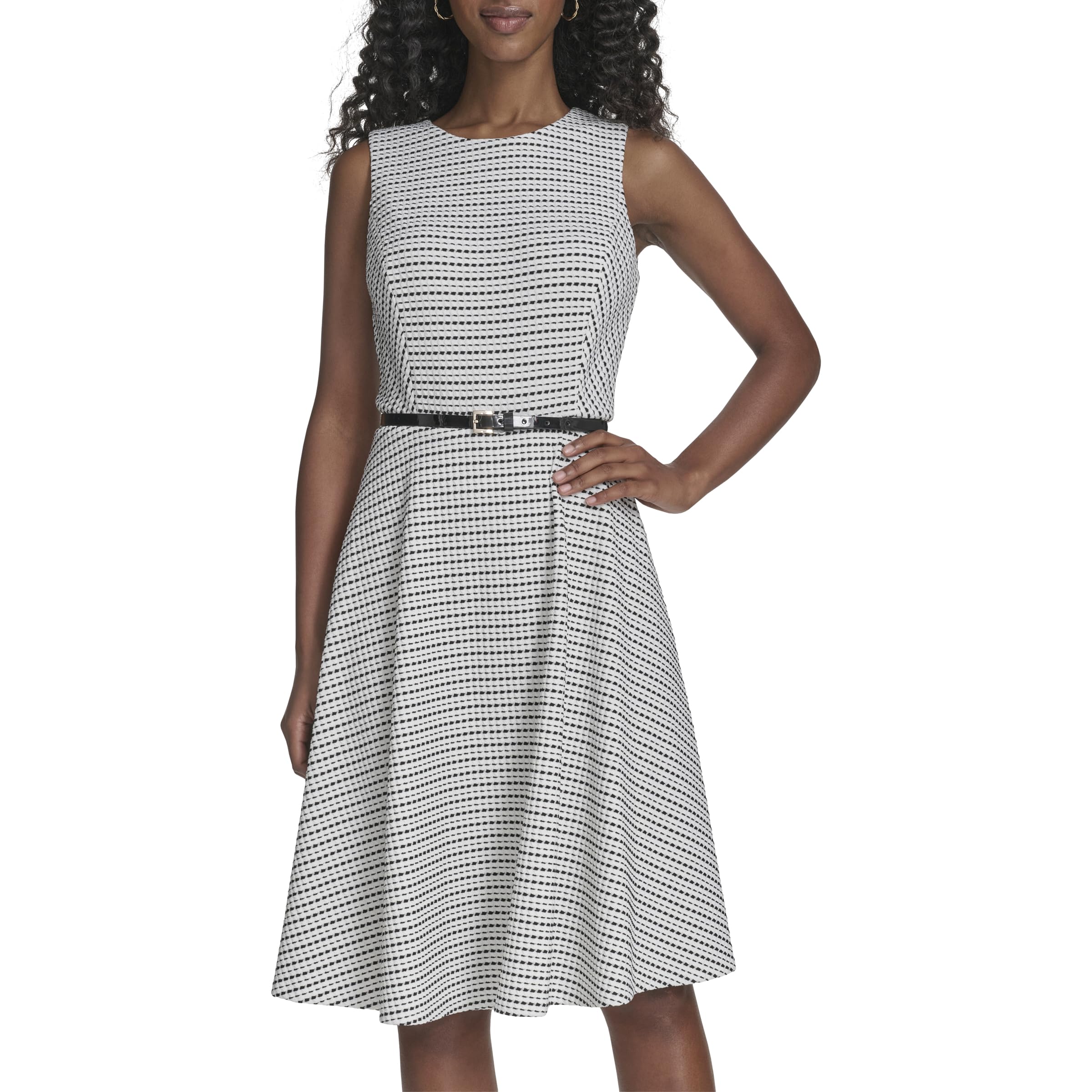 Women's Sleeveless Crew Neck Pinwheel Knit Belted Fit and Flare Dress