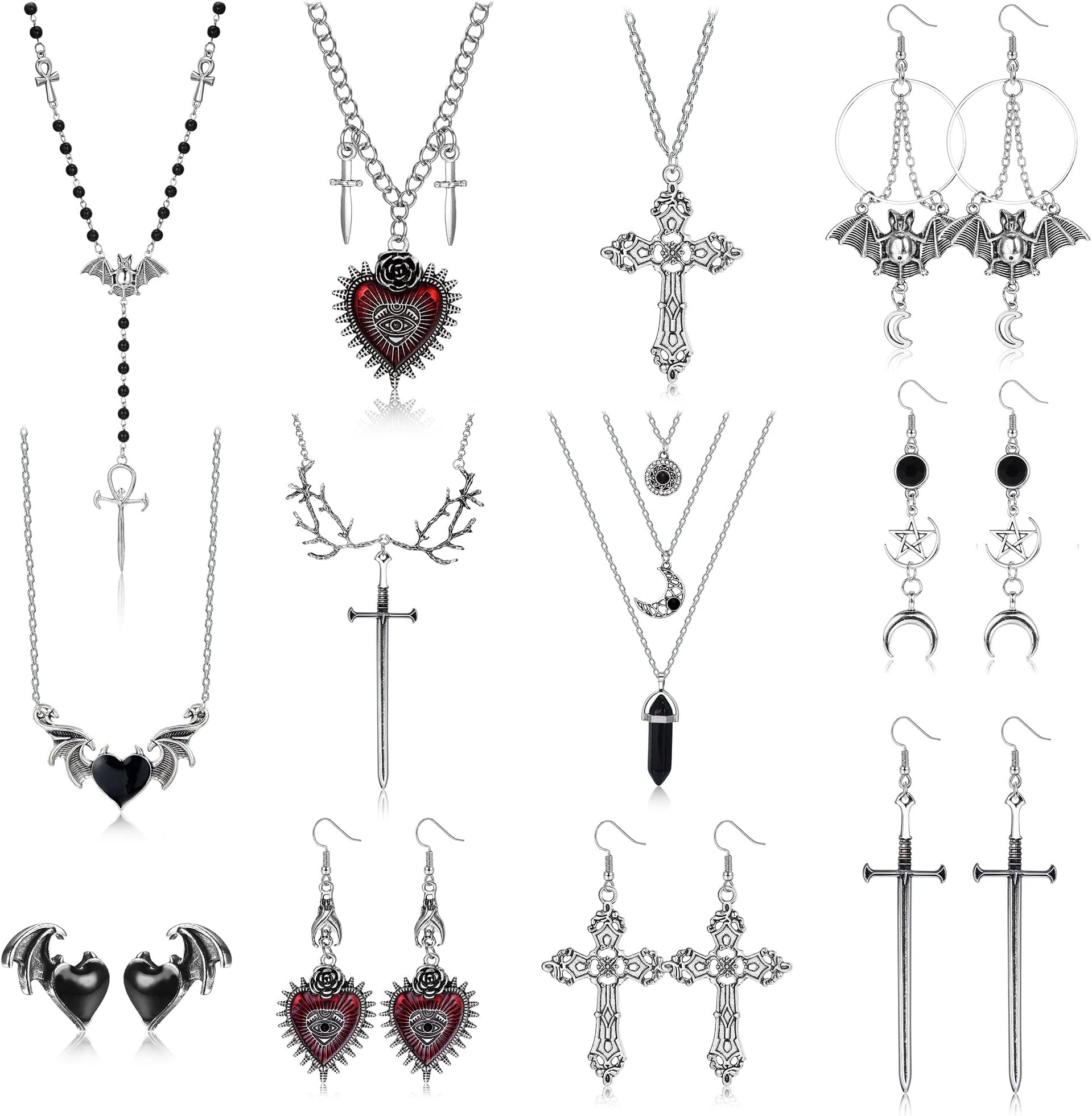 Kakonia10-12 Pieces Gothic Necklace Earrings Women Men Cross Y2k Vintage Earrings Necklace Hanging Dangling Chain Layer Earrings Grunge Punk Jewellery