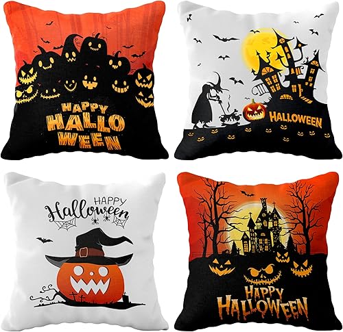 KatchOn, Fundas de almohada de Halloween naranja y negro, 18 x 18 pulgadas, paquete de 4 unidades, fundas para decoración de interiores, rojo y