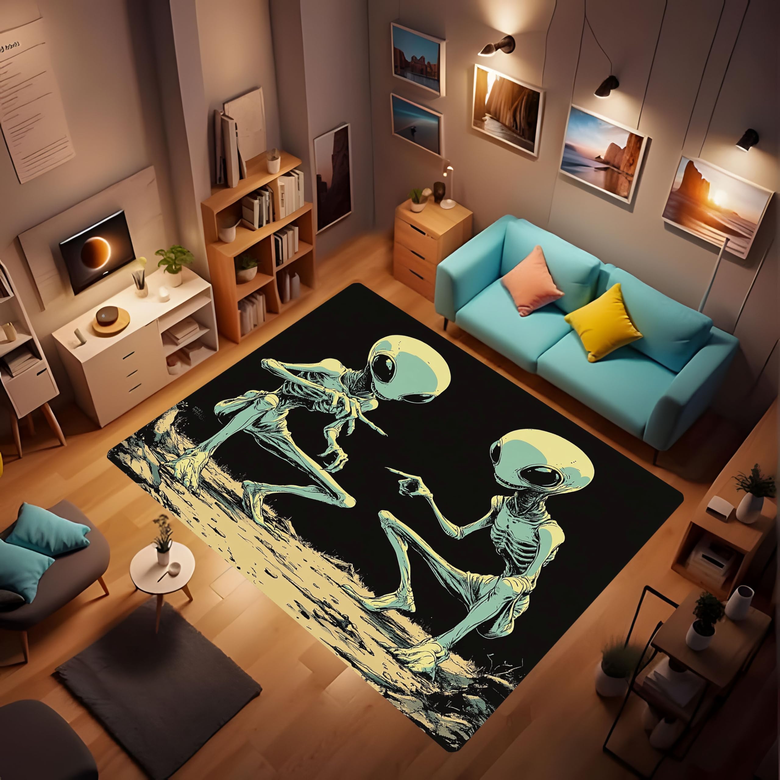 SOFERI Alien Rug, Humorous Comic Style Print of Two Aliens Accusing Each Other Area Rug Cosmic Alien Floor mat Non-Slip Washable Rug for Living Room